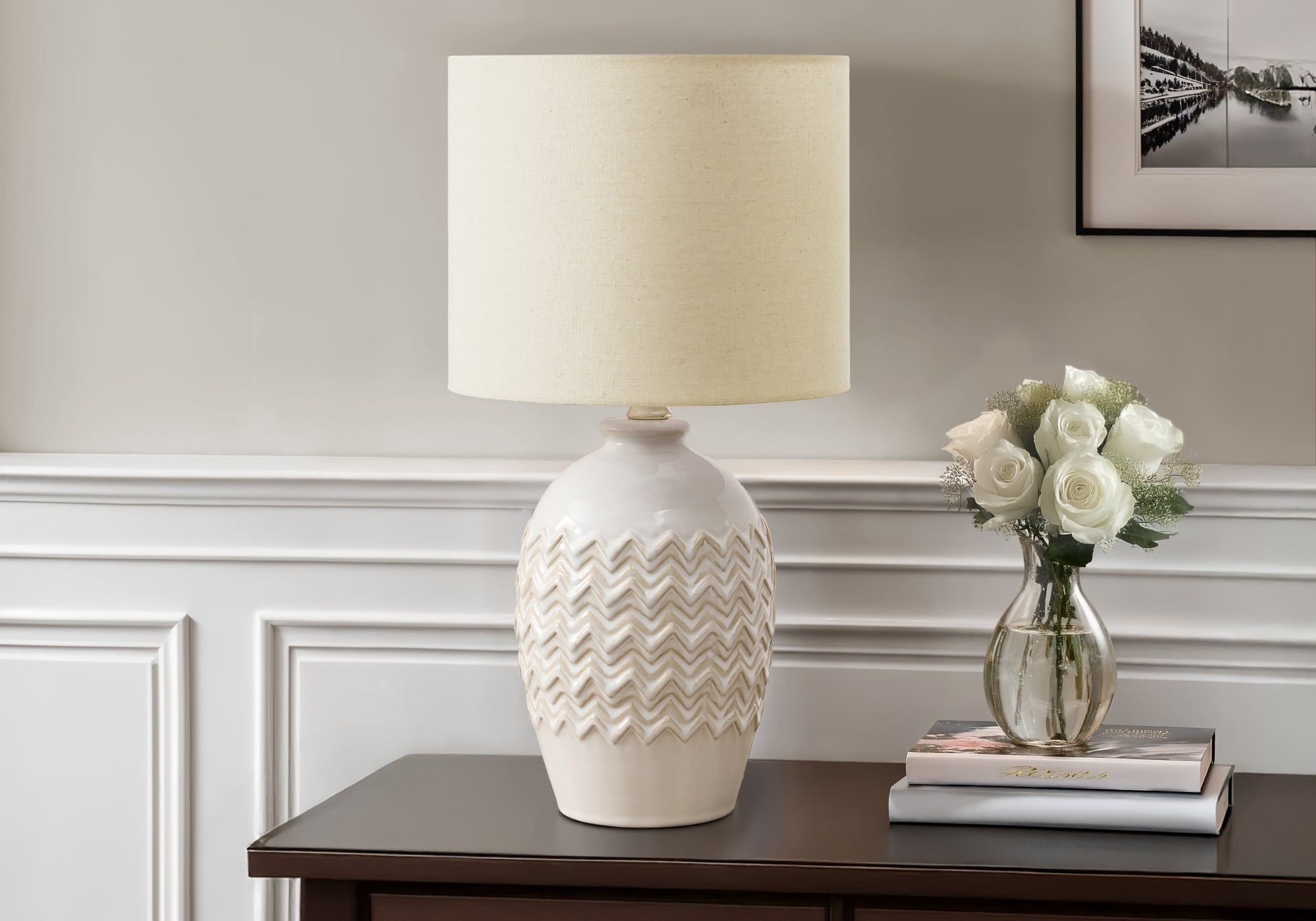 Monarch Specialties Table Lamp I 9859, 19in H, Ivory Ceramic, Ivory/Cream Shade