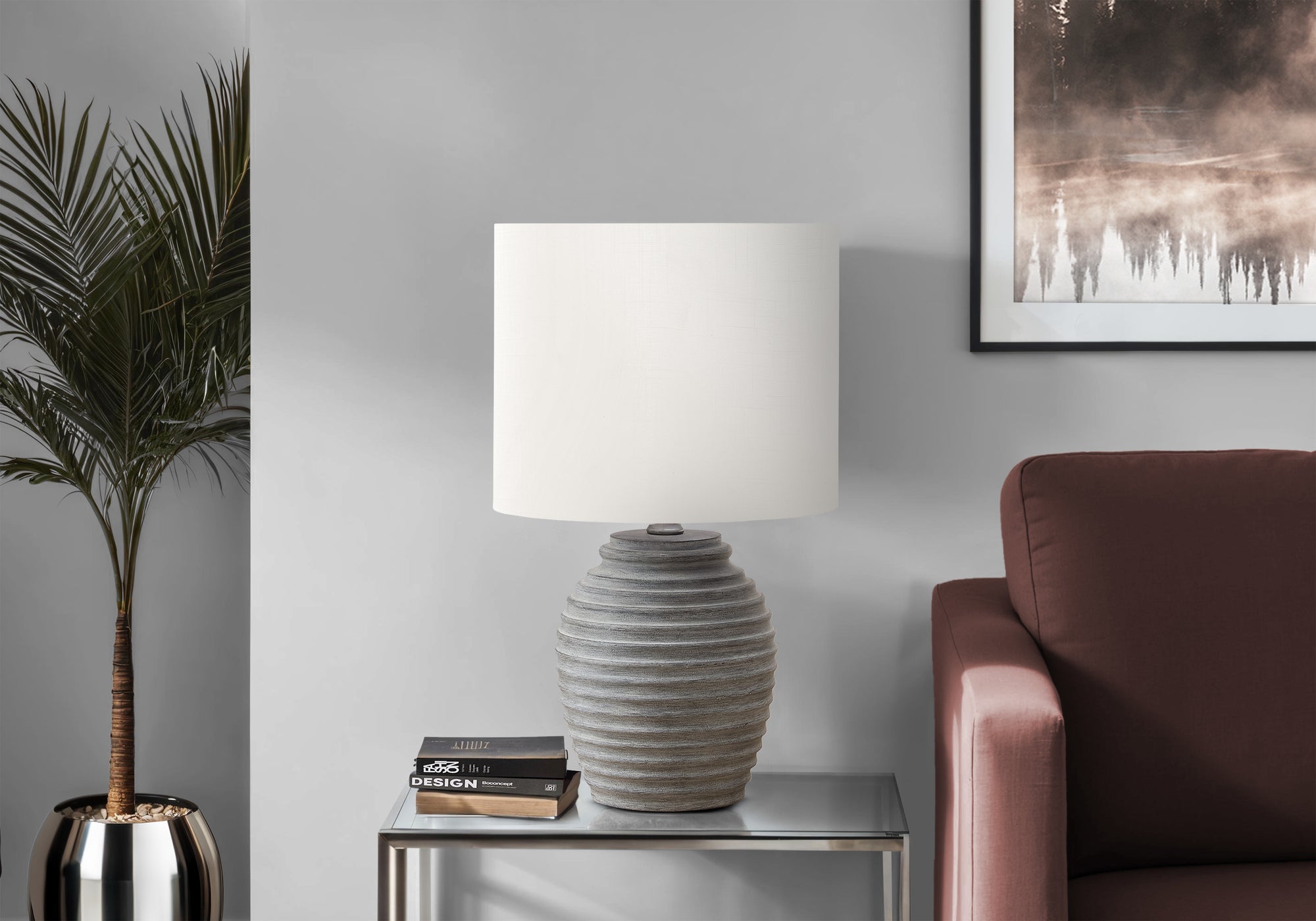 Monarch Specialties Table Lamp I 9864, 17inH, Grey Resin, Ivory/Cream Shade, Contemporary Design