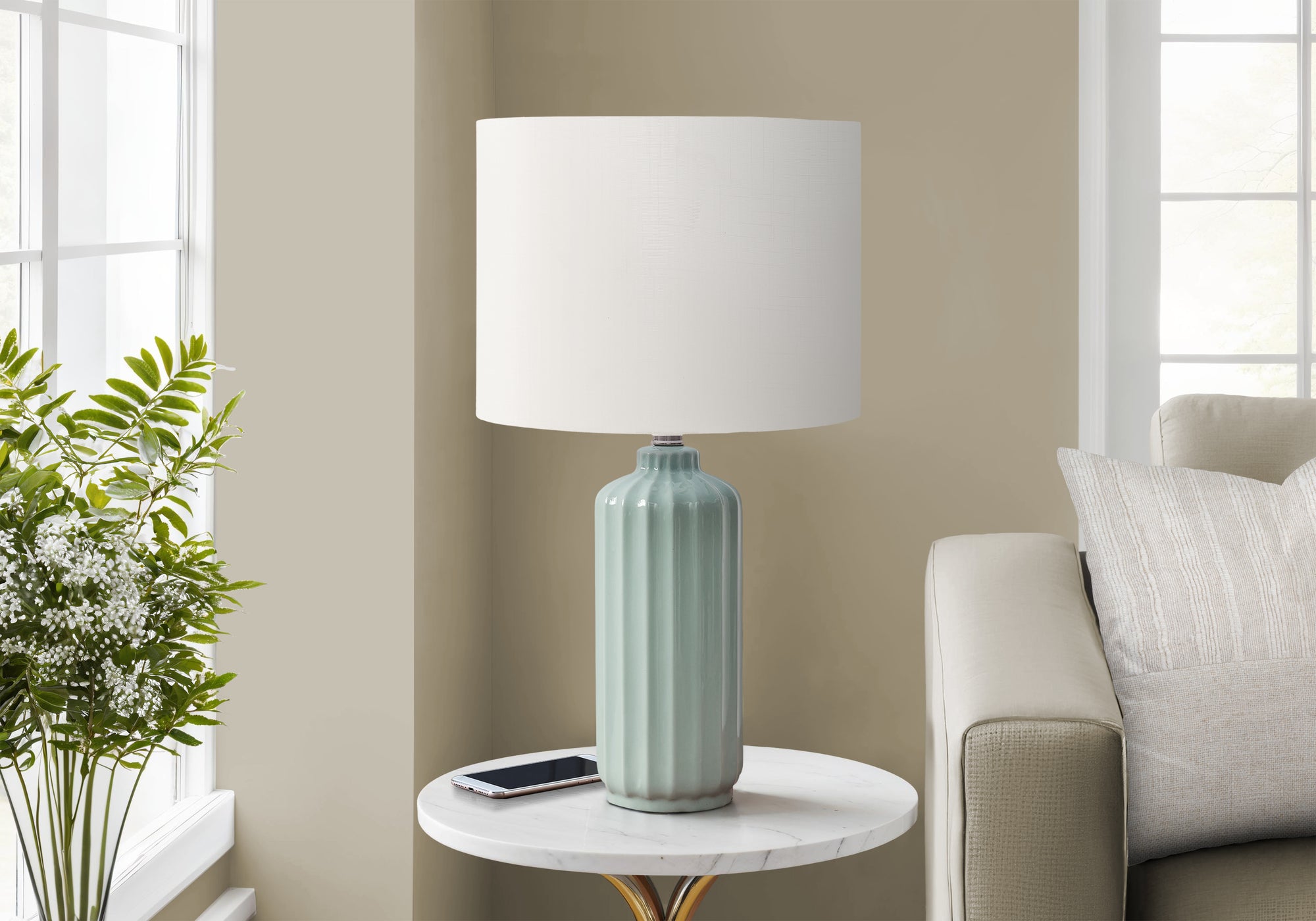 Monarch Specialties Table Lamp I 9872, Green Ceramic, 23inH, Ivory/Cream Shade, Modern Design
