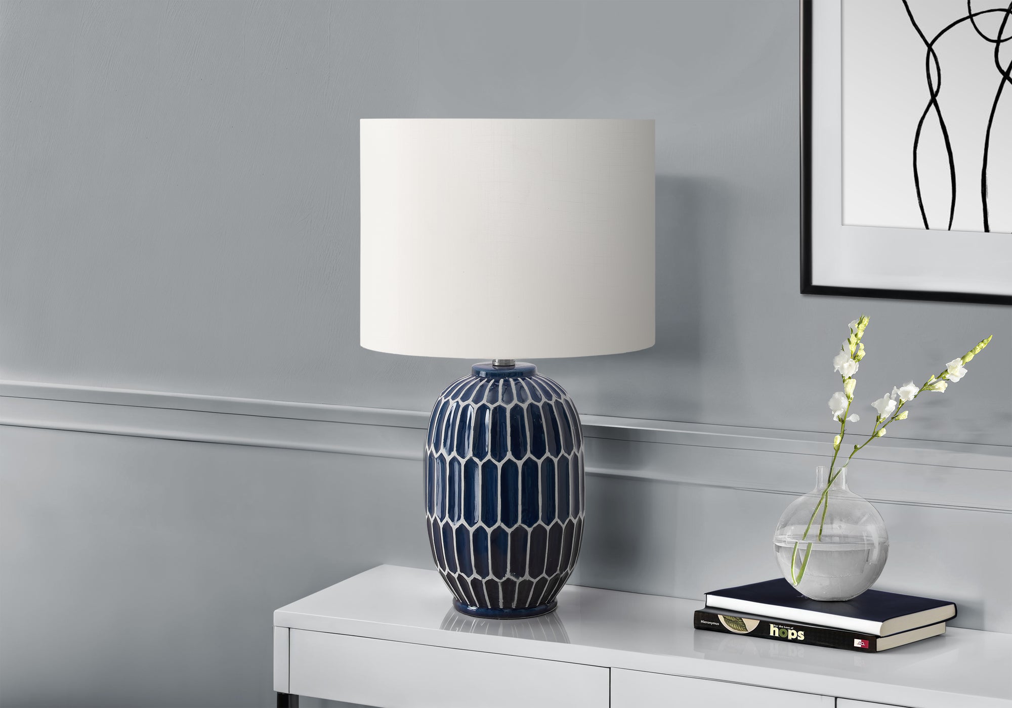 Monarch Specialties Table Lamp I 9876, Blue Ceramic, Ivory Shade, 22.25inH, Contemporary Design
