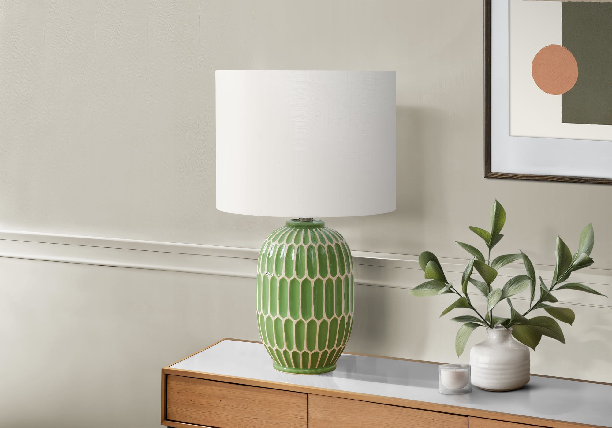 Monarch Specialties Table Lamp, 22inH, Green Ceramic, Ivory Shade, Model I 9877, Contemporary Design