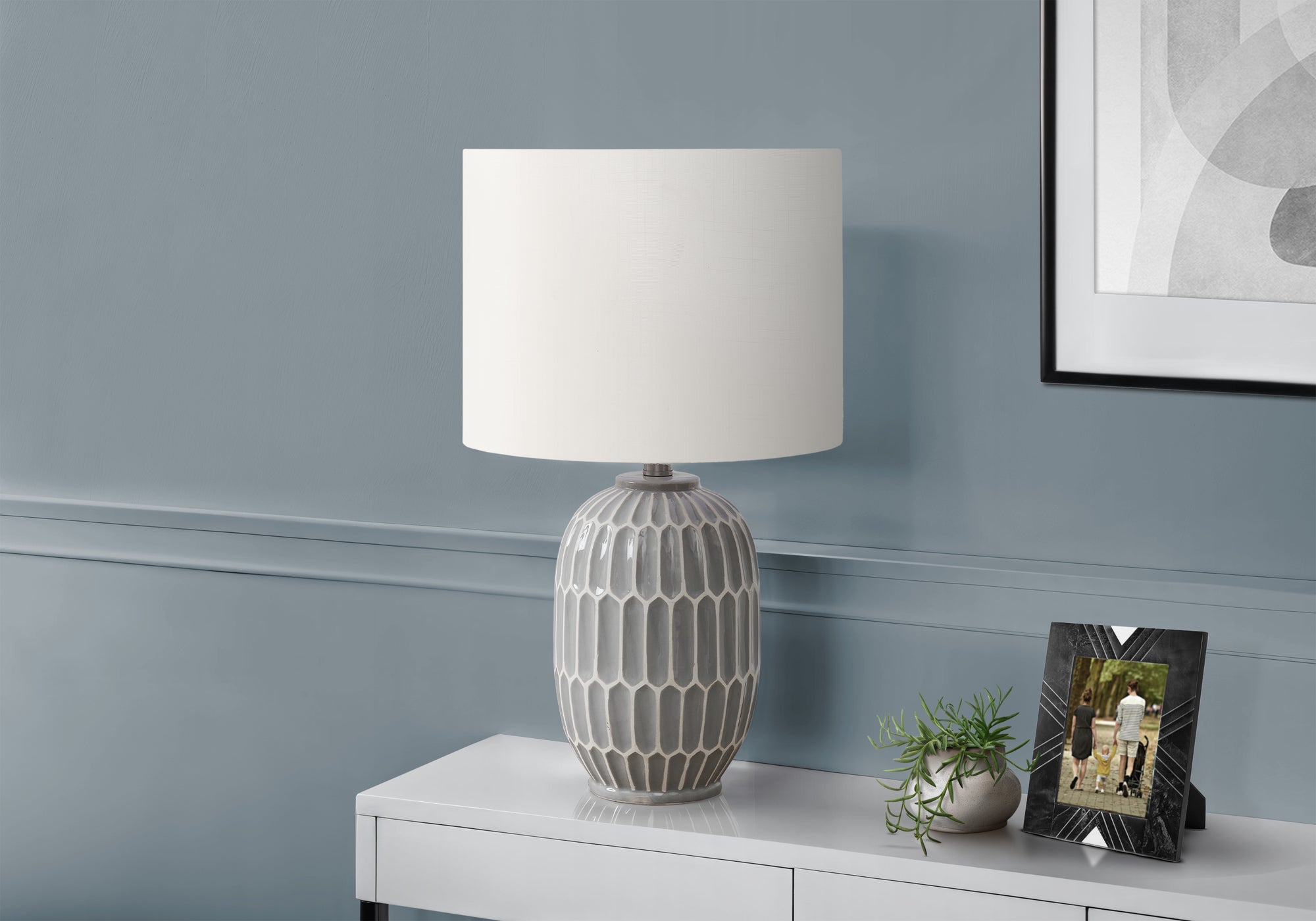 Monarch Specialties Table Lamp, 22inH, Gray Ceramic, Ivory Shade, Model I 9878, Contemporary Design