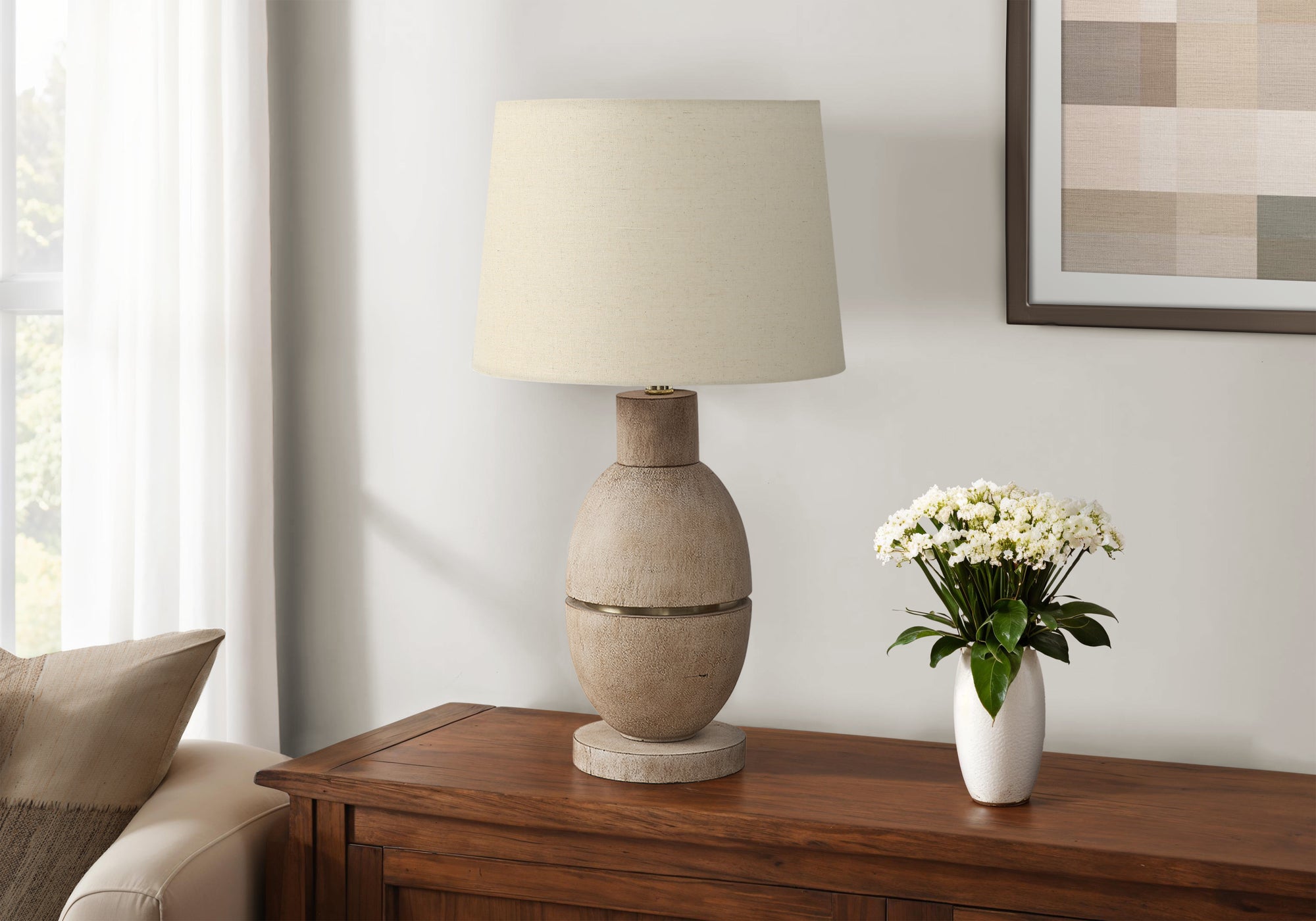 Monarch Specialties Table Lamp I 9886, 25inH, Beige Resin, Beige Shade, Contemporary Design, 14inL x 14inW