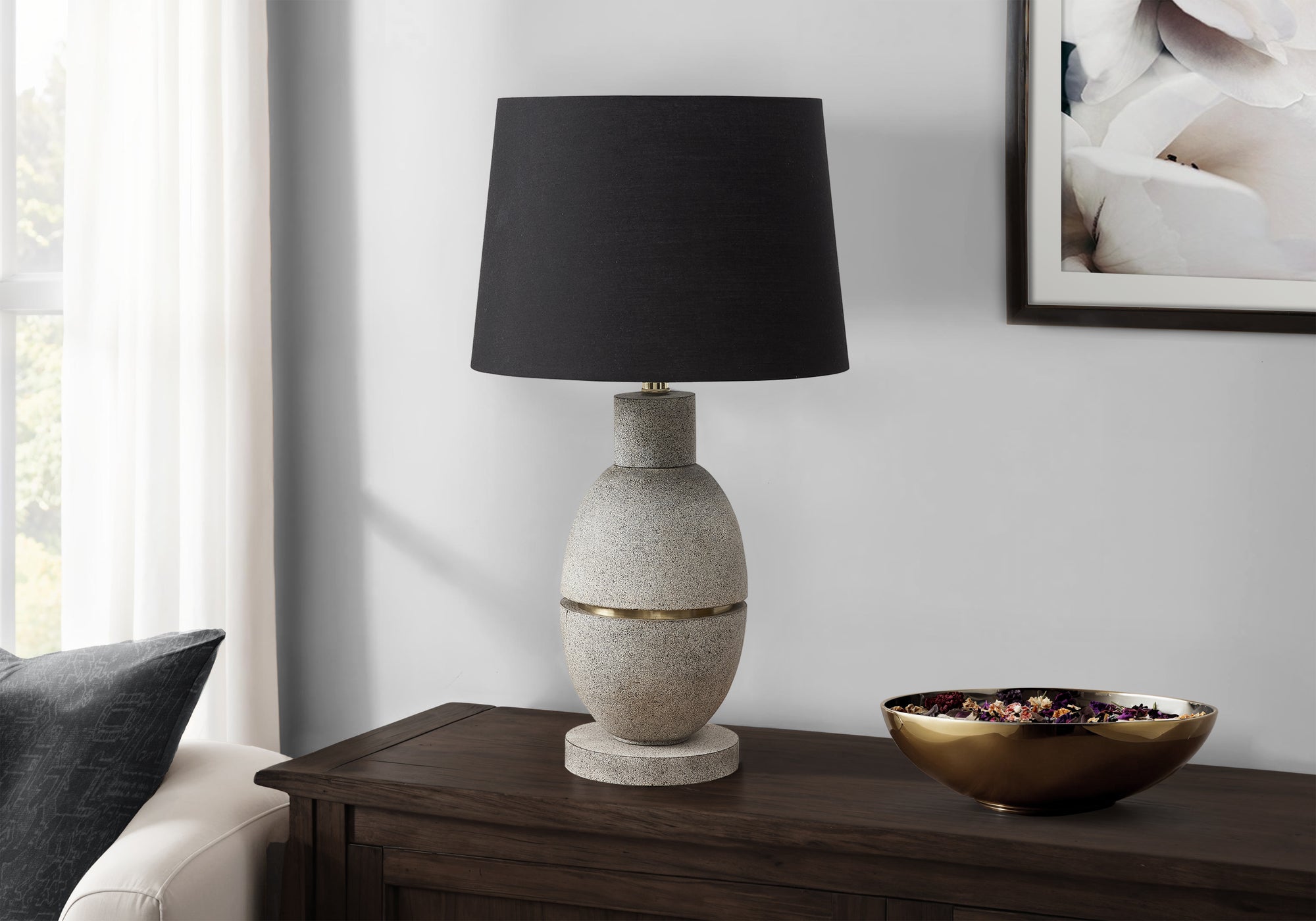Monarch Specialties Table Lamp, 25in H, Gray Resin, Black Shade, Model I 9887
