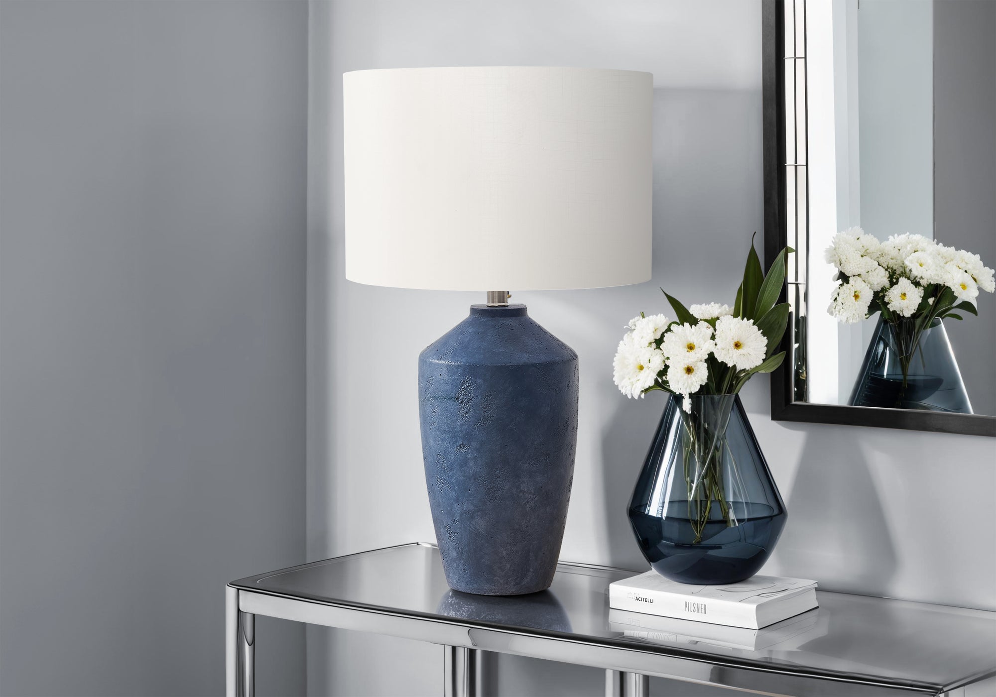 Lighting, 25H, Table Lamp, Blue Concrete, Ivory / Cream Shade, Contemporary, Modern