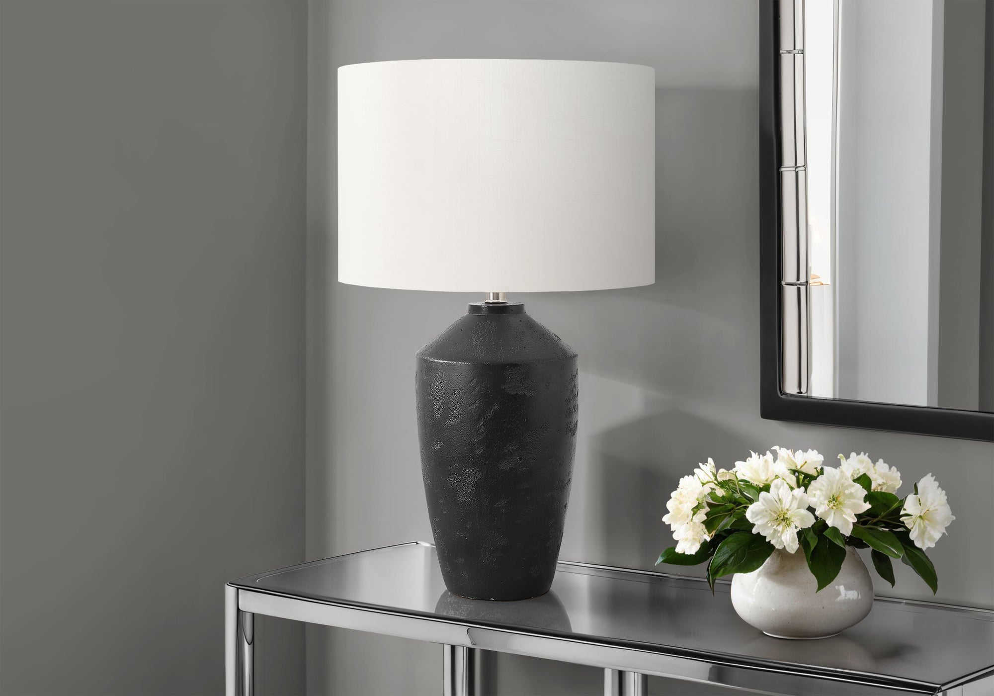 Lighting, 25H, Table Lamp, Black Concrete, Ivory / Cream Shade, Contemporary, Modern