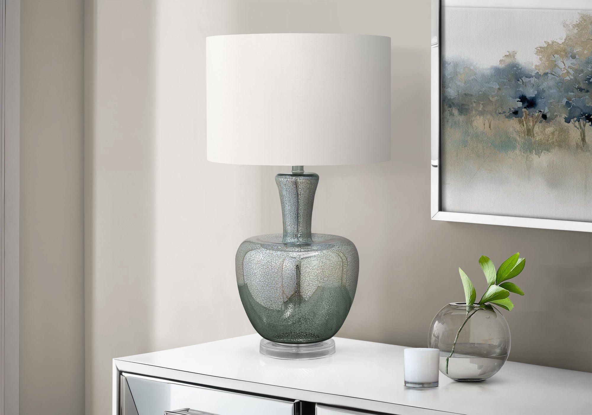Monarch Specialties Table Lamp I 9898, 26in H, Sea Green Glass, Ivory Shade, Contemporary Design