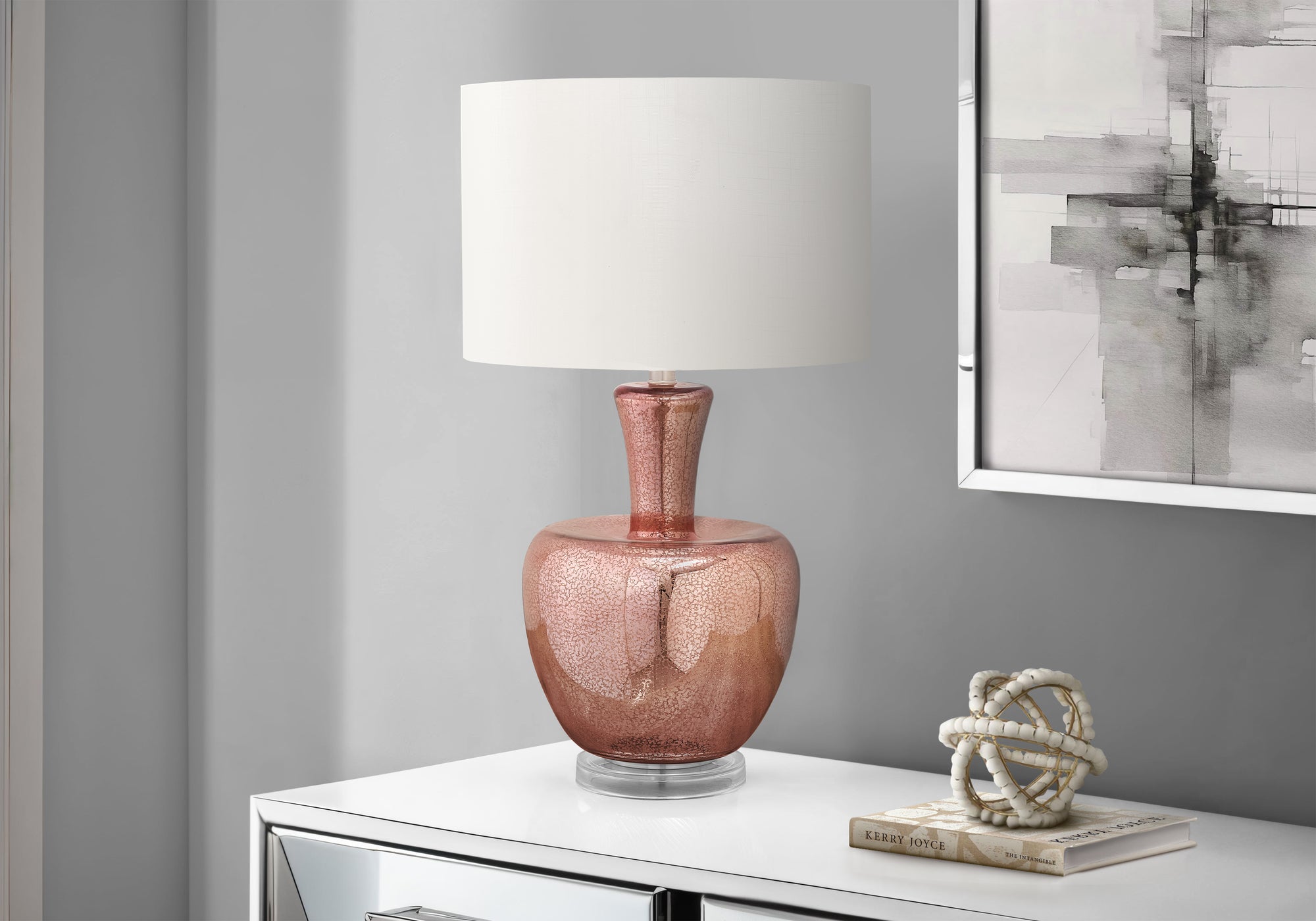 Monarch Specialties Table Lamp, 26in H, Dusty Rose Glass, Ivory Shade, Model I 9899