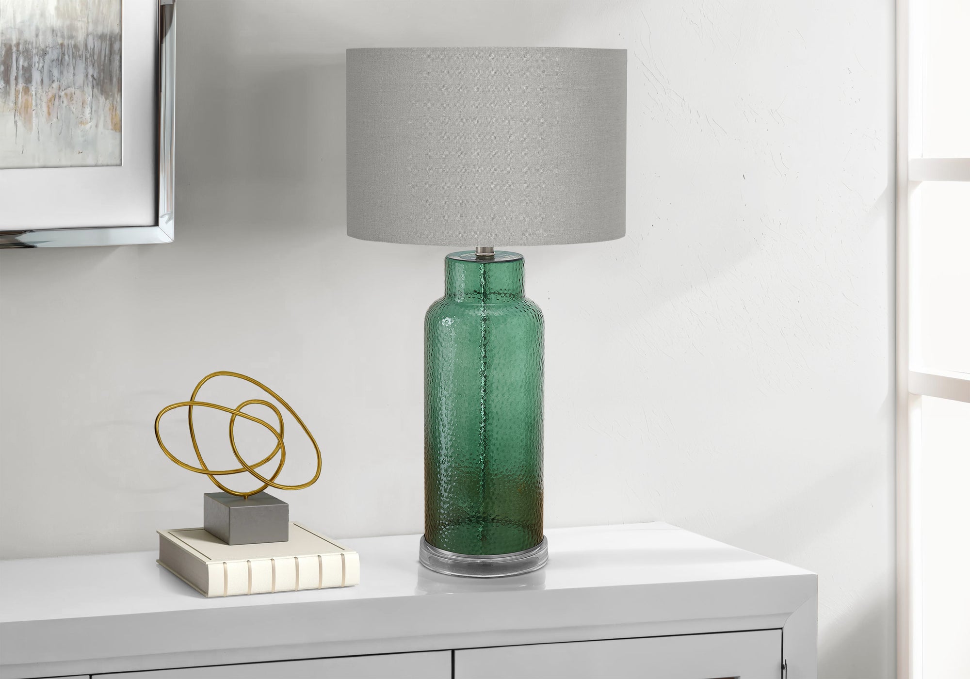 Monarch Specialties Table Lamp I 9908, 28in H, Green Glass, Grey Shade, Contemporary Design, 15inL x 15inW