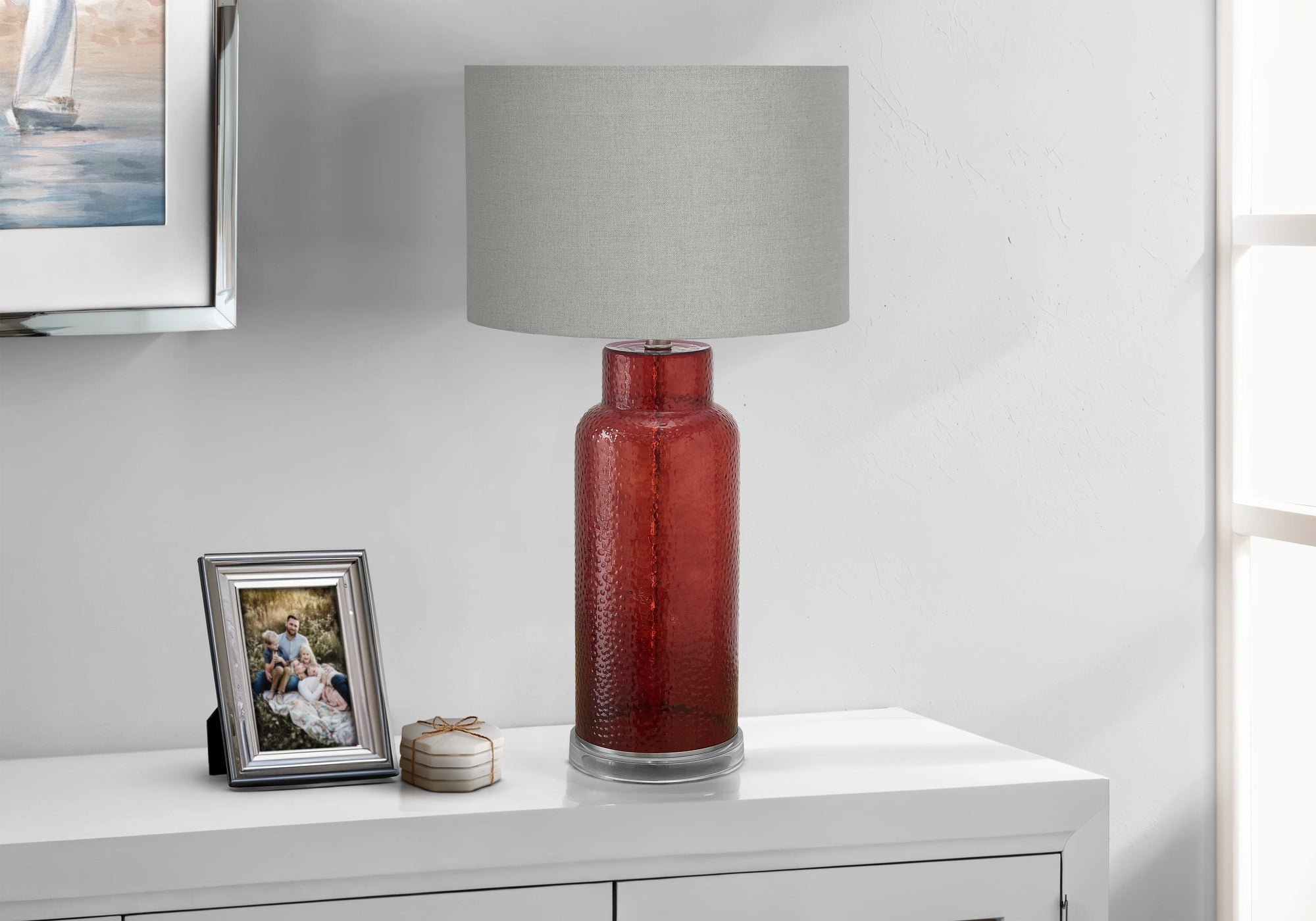 Monarch Specialties Table Lamp I 9909, 28in H, Red Glass with Grey Shade, Contemporary Design