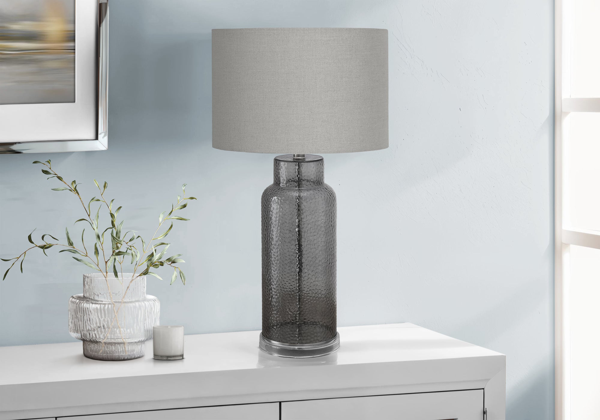 Monarch Specialties Table Lamp, 28inH, Grey Glass, Grey Shade, Model I 9910, Contemporary Design