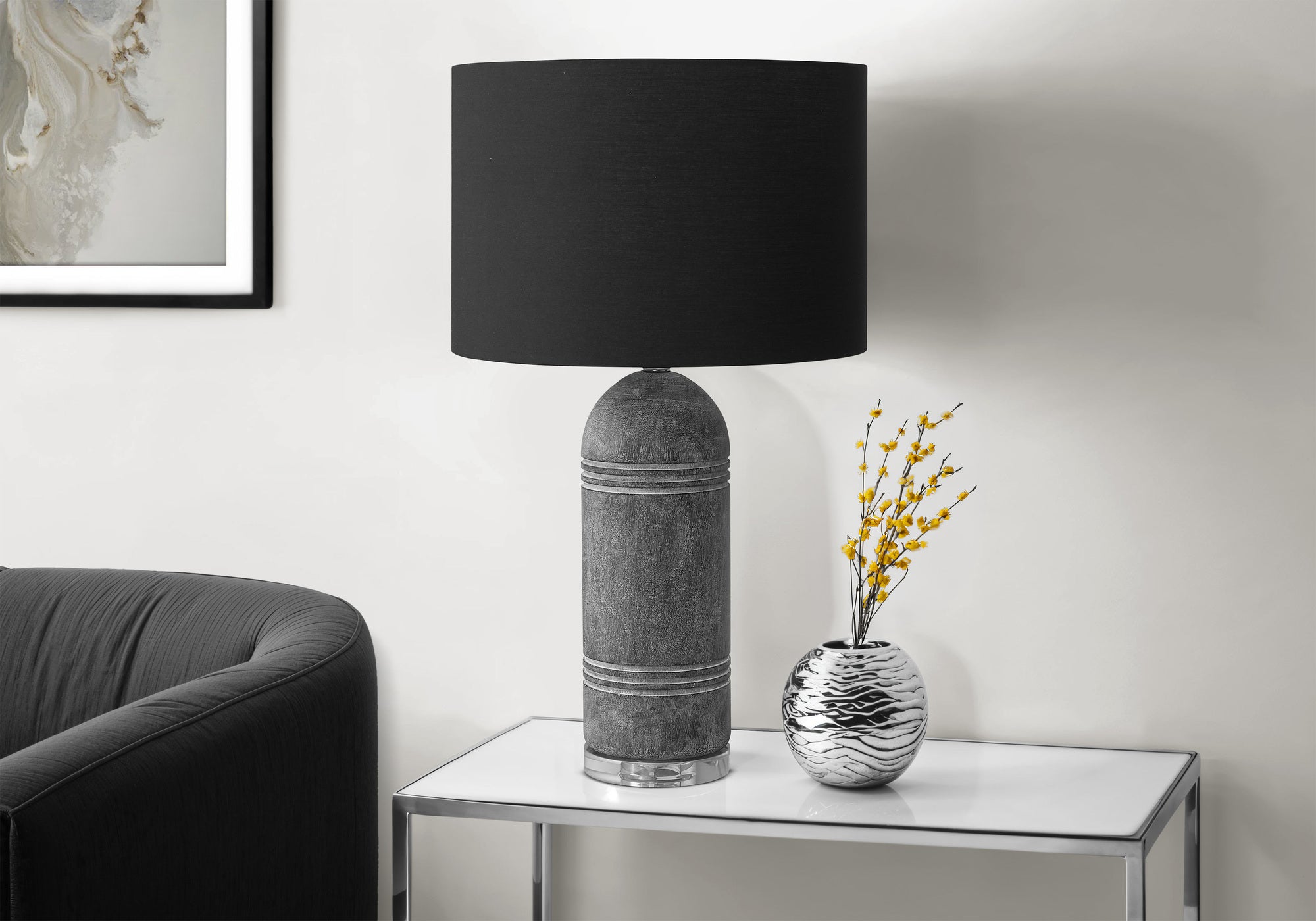 Monarch Specialties I 9914 Table Lamp, 28inH, Grey Resin, Black Shade, Contemporary Design, 16inL x 16inW
