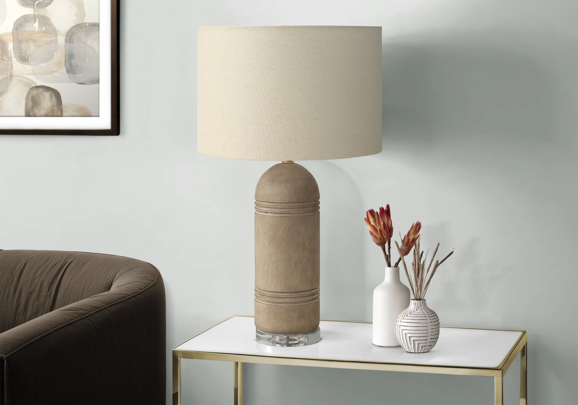 Monarch Specialties Table Lamp I 9915, 28in H, Brown Resin, Beige Shade, Contemporary Design, 16inL x 16inW
