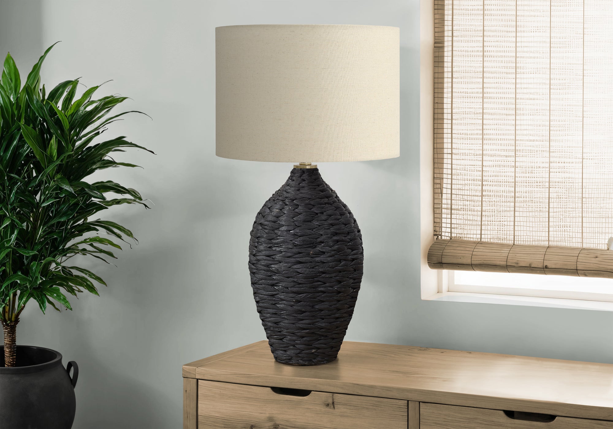 Lighting, 30H, Black Rattan, Beige Shade, Transitional