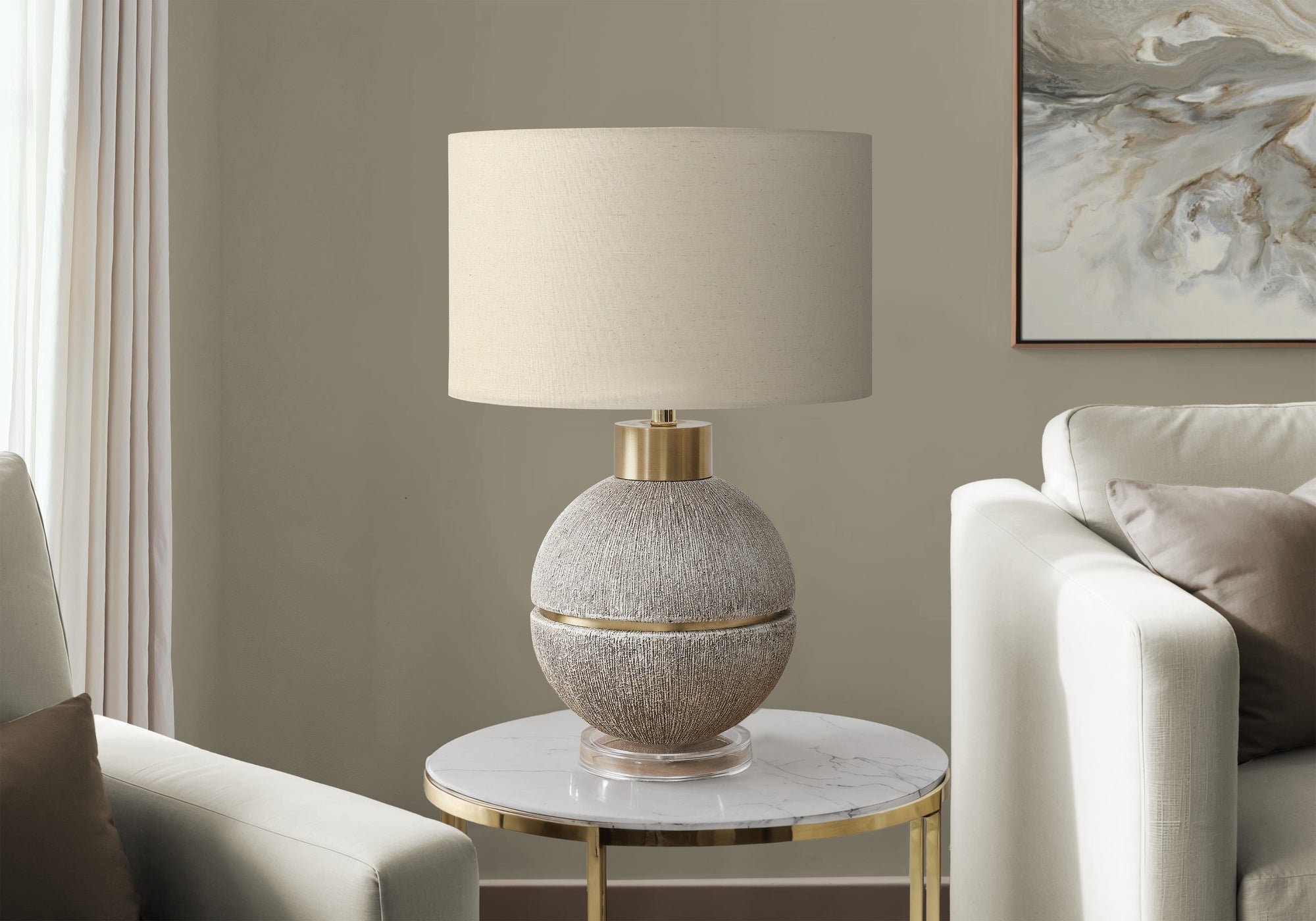Monarch Specialties Table Lamp I 9925, 26in H, Brown/Gold Resin, Beige Shade, Contemporary Design
