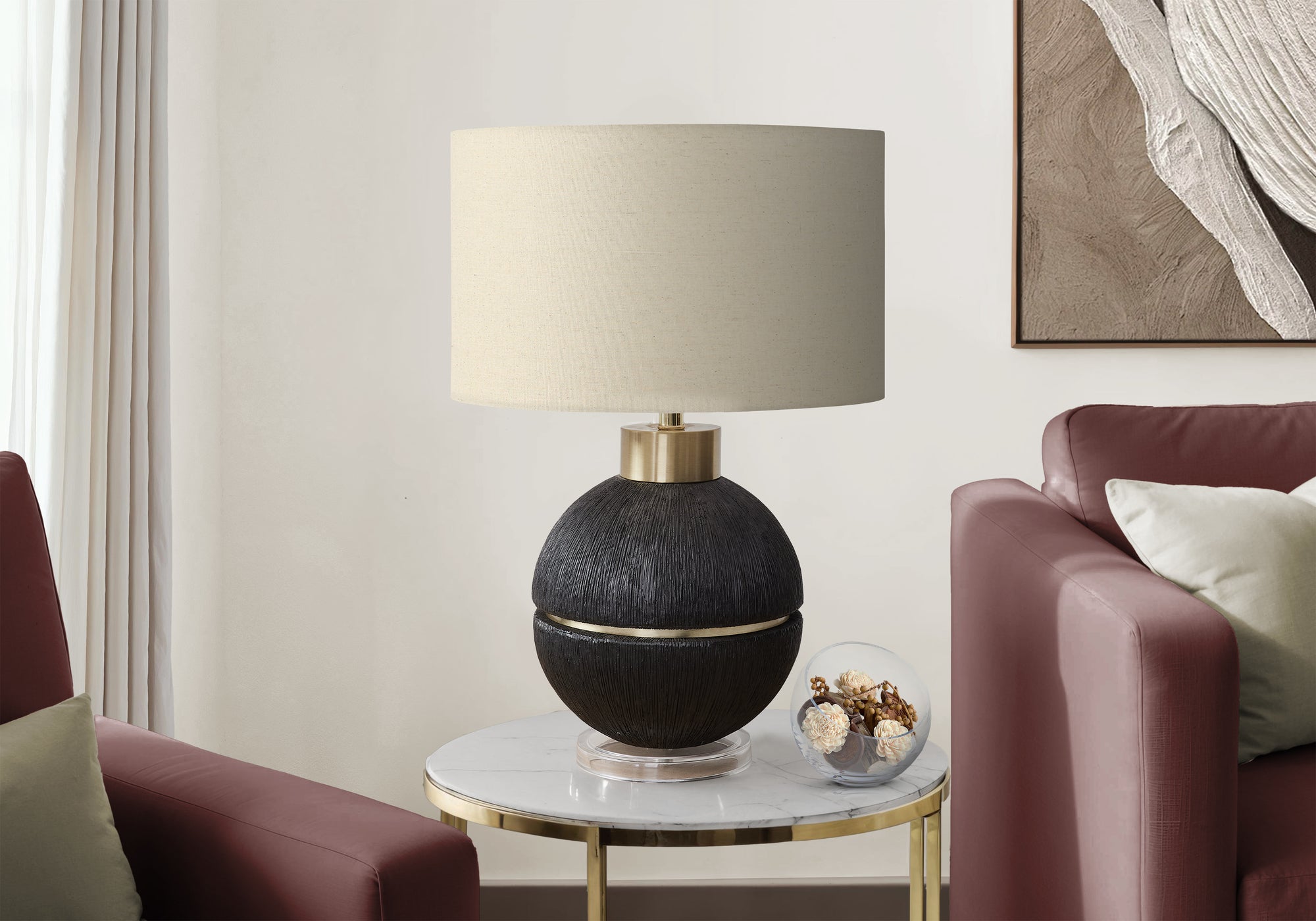 Monarch Specialties Table Lamp I 9926, 26in H, Black/Gold Resin, Beige Shade, Contemporary Design