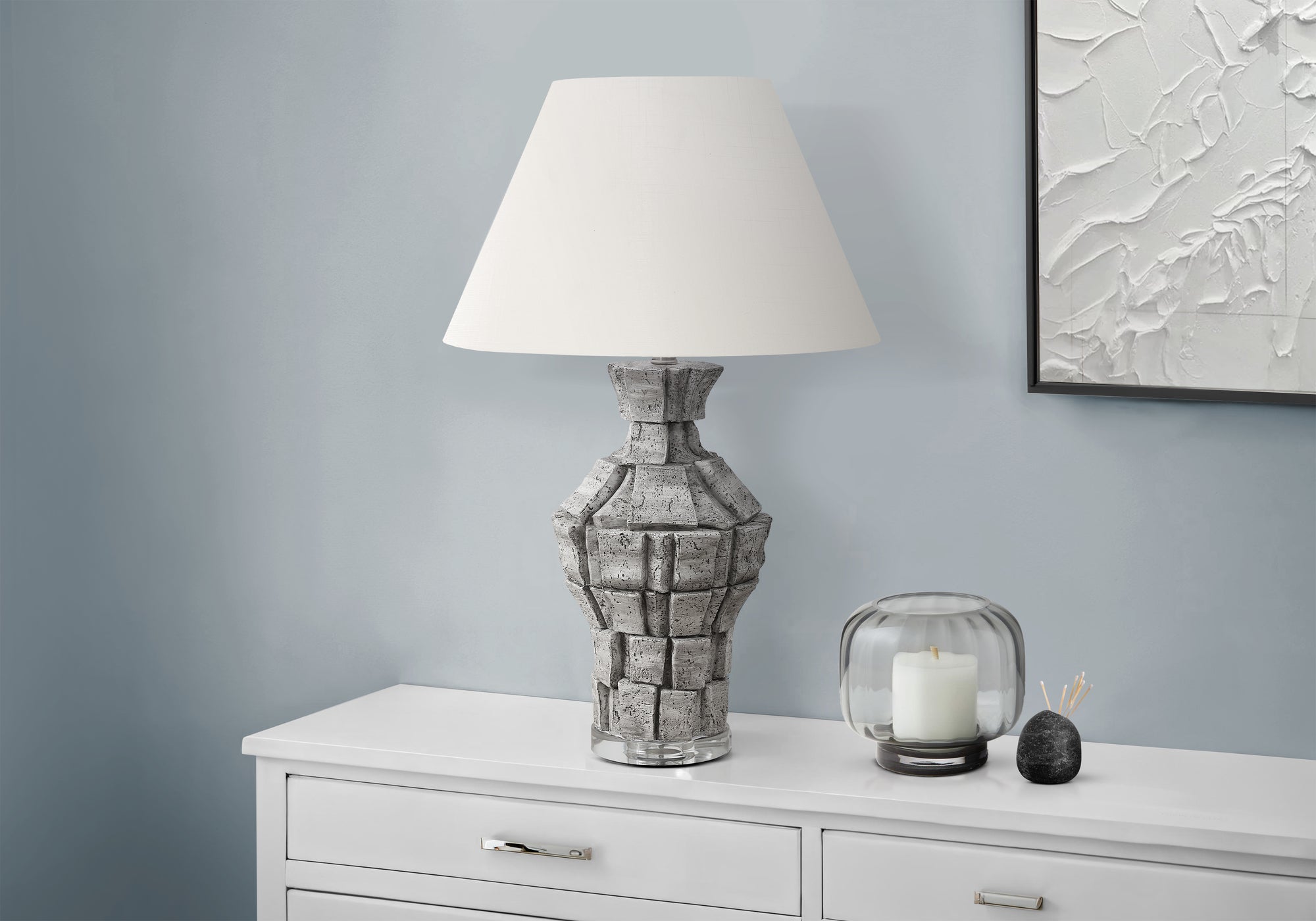 Monarch Specialties Table Lamp, 28inH, Grey Resin, Ivory Shade, Model I 9936, Contemporary Design, 18inL x 18inW