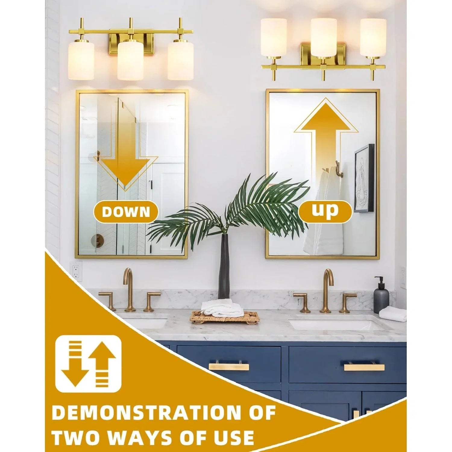 Jasper Gold Modern Frosted Glass 3-Light Bathroom Vanity Light