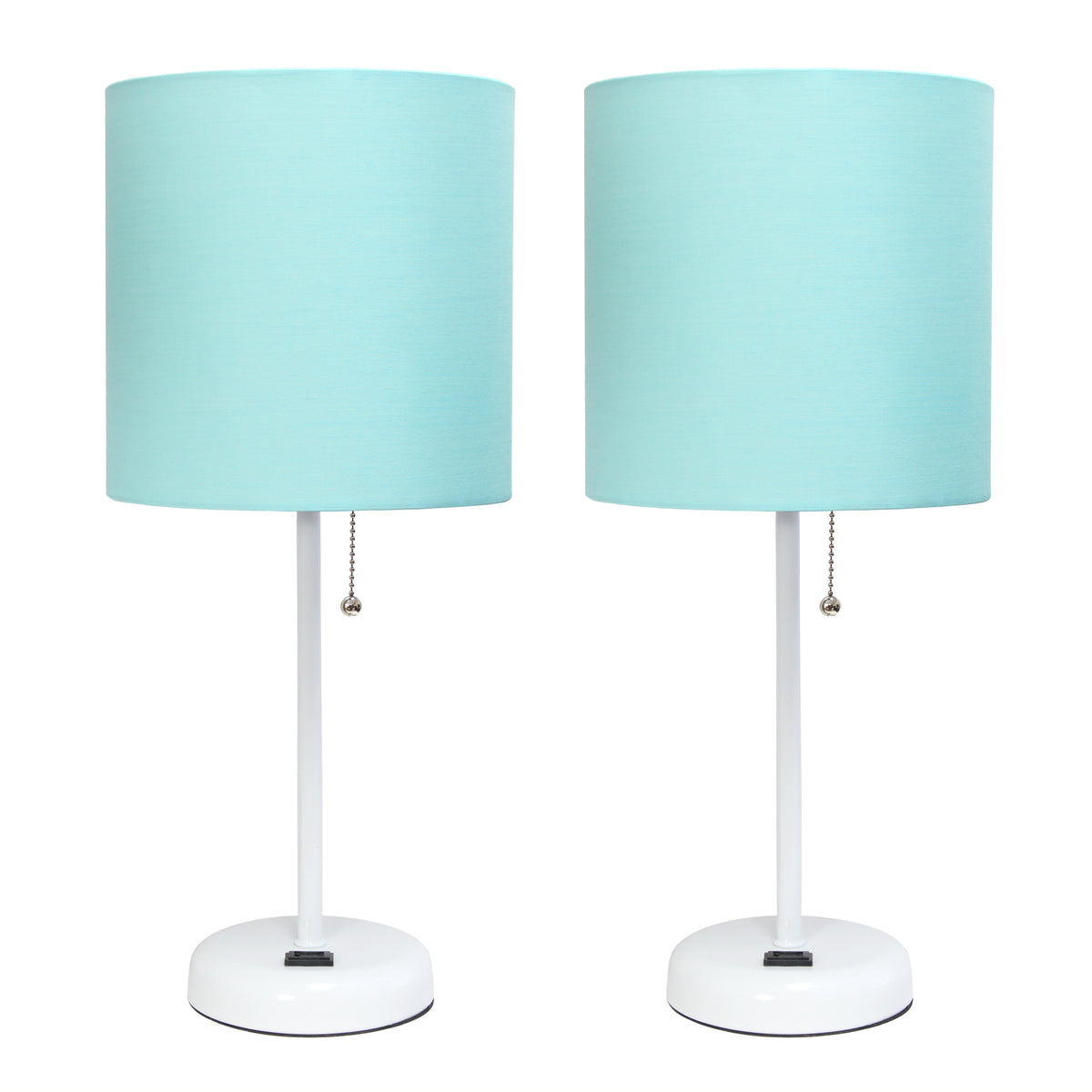 Limelights White Stick Lamp With Charging Outlet And Fabric Shade Two Pack Set