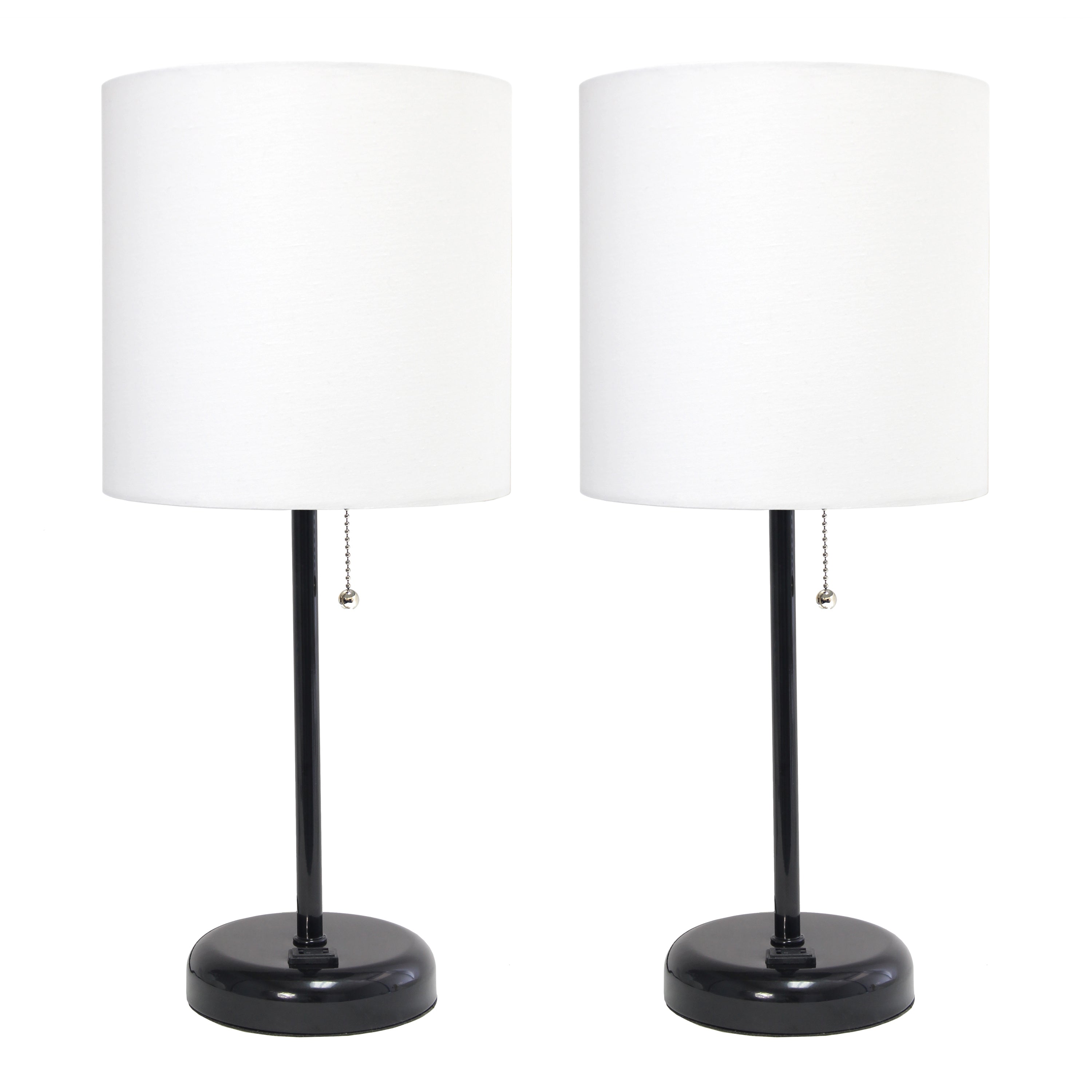 Limelights Black Stick Lamp With Charging Outlet And Fabric Shade Two Pack Set