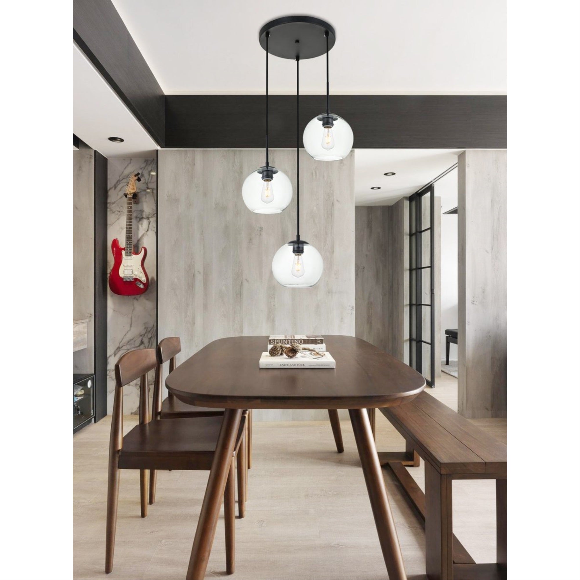 Elegant Lighting Baxter 3-Light Pendant, Iron, Black & Clear Finish, Model LD2208BK