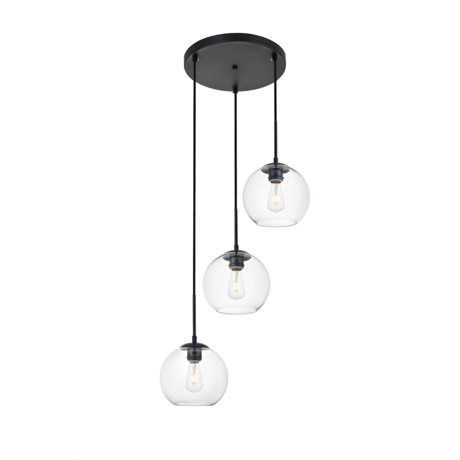 Elegant Lighting Baxter 3-Light Pendant, Iron, Black & Clear Finish, Model LD2208BK