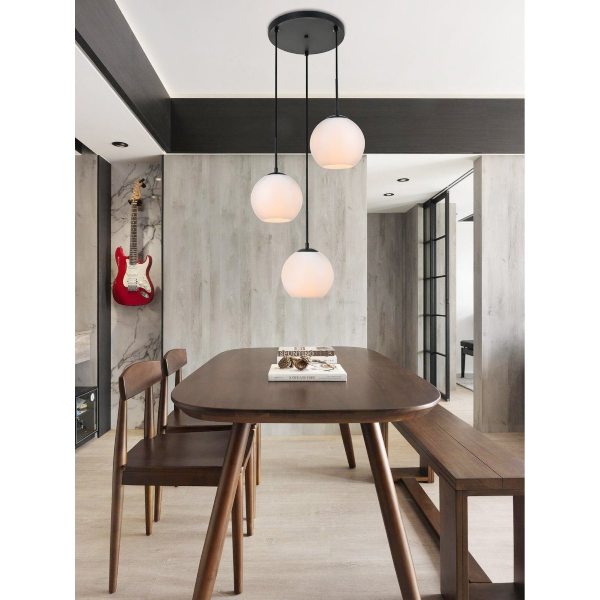Elegant Lighting Baxter 3-Light Pendant, Black Iron with Frosted White Glass, Model LD2209BK