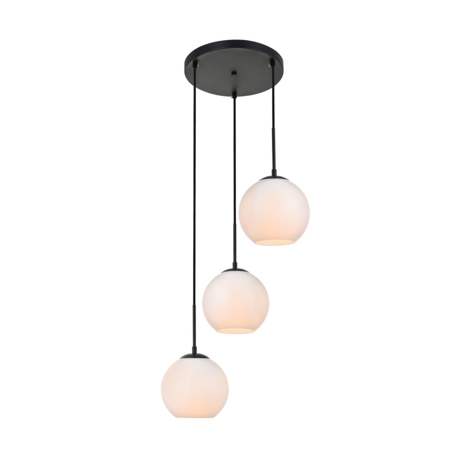 Elegant Lighting Baxter 3-Light Pendant, Black Iron with Frosted White Glass, Model LD2209BK