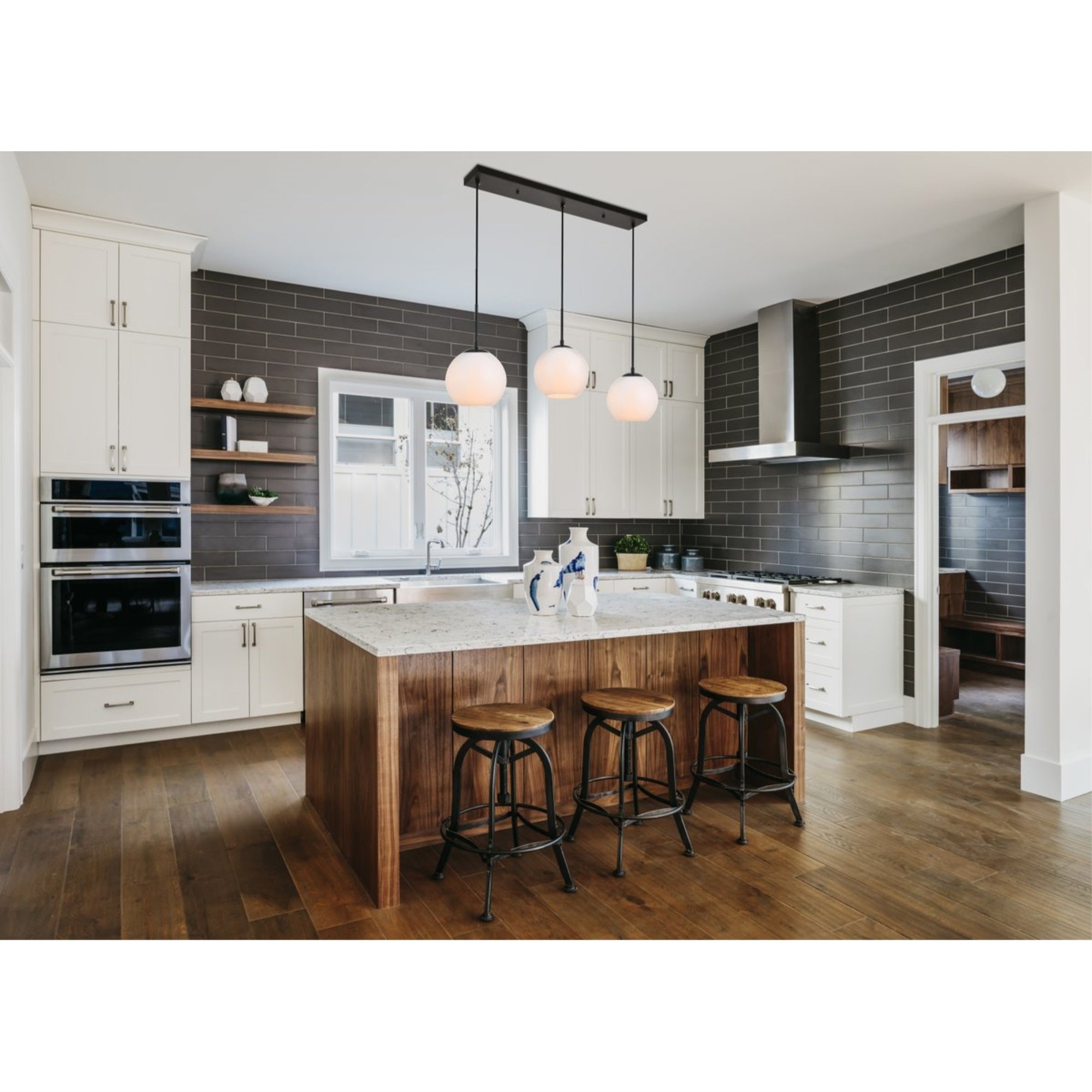 Living District 3-Light Pendant Light, Metal & Glass, Black/Frosted White, Model LD2237BK