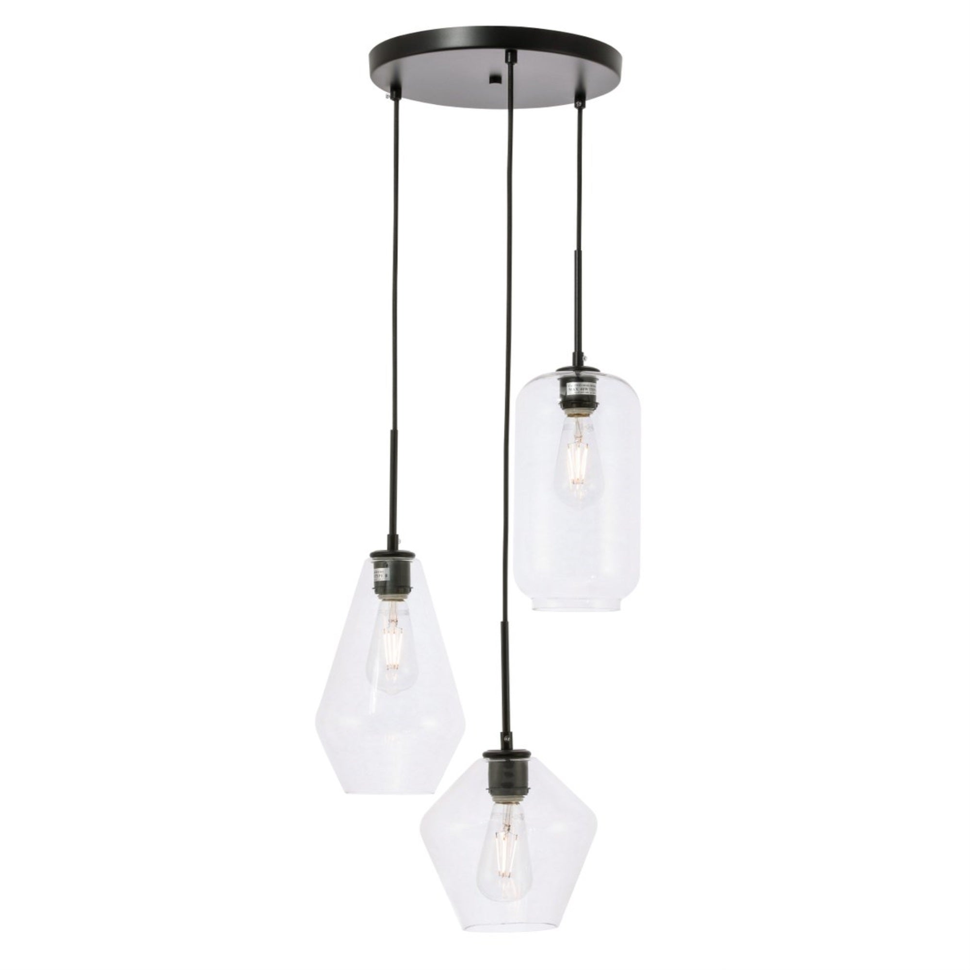 Living District 3-Light Pendant Light, Black Iron with Clear Glass, Model LD2268BK