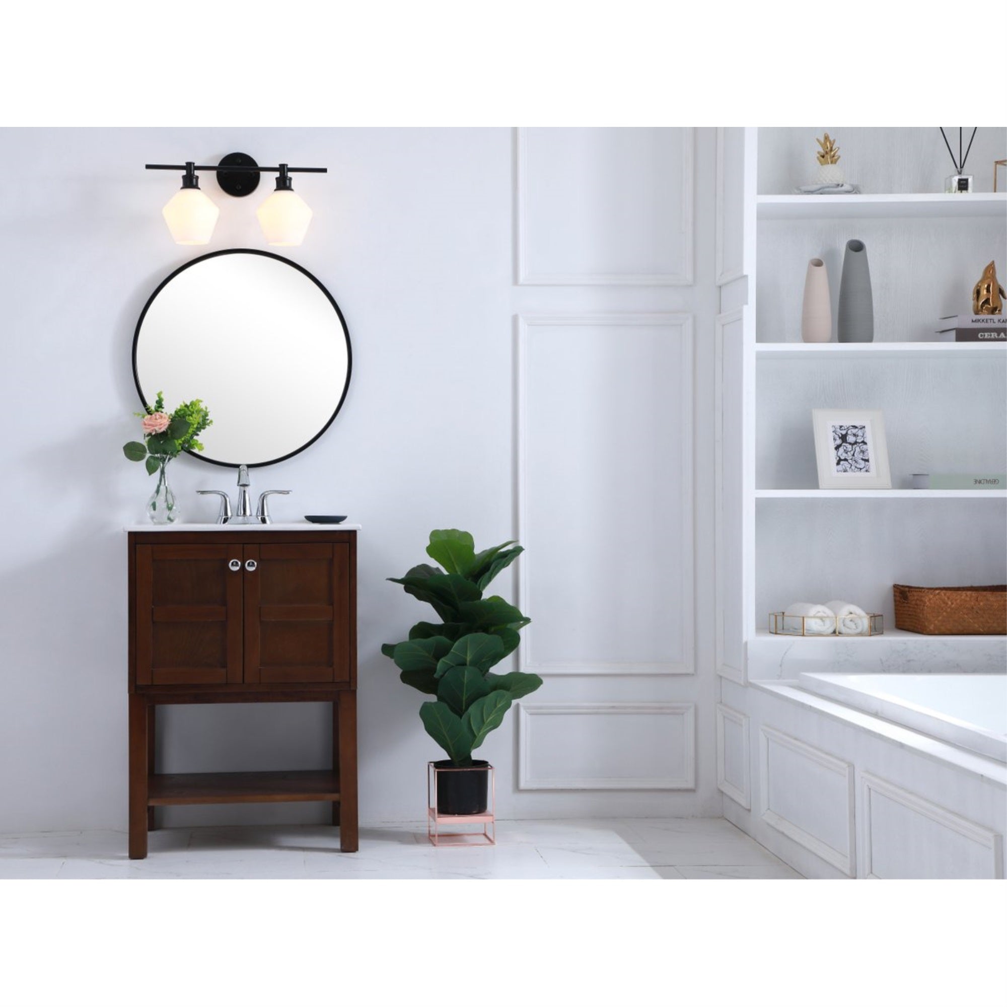 Living District Wall Sconce - 2 Light Mid-Century Modern, Iron, Black & Frosted White Glass, Model LD2313BK