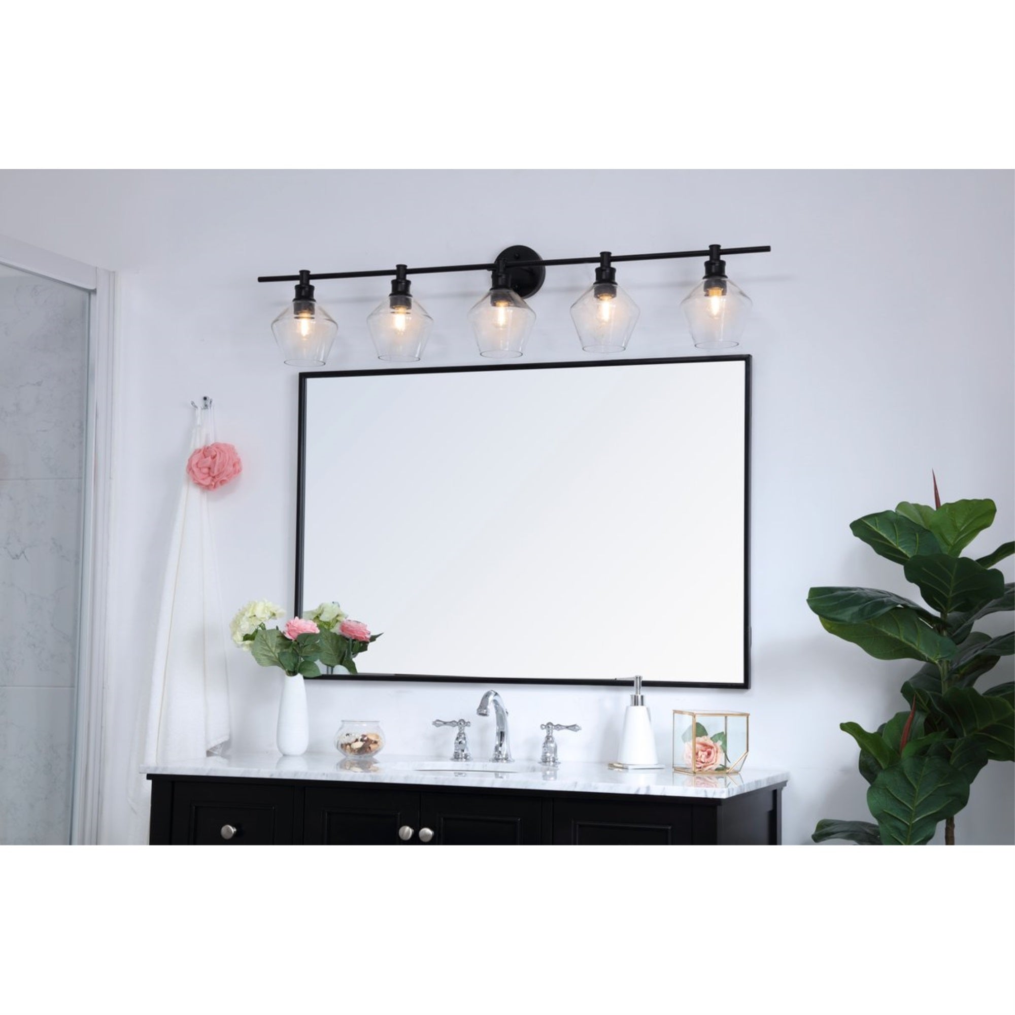 Living District Wall Sconce - Modern 5-Light Black & Clear Glass, Metal, 47inL x 8inW x 10.2inH, Model LD2324BK