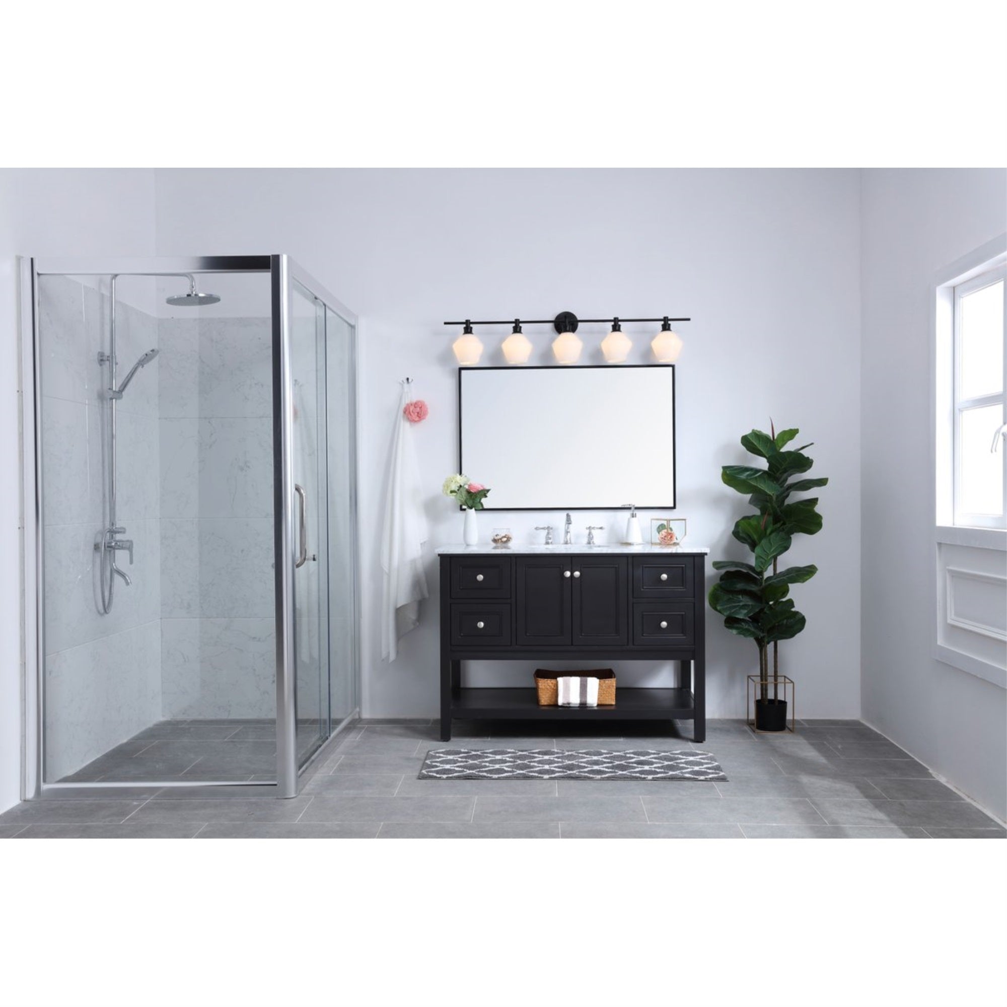 Living District Wall Sconce, 5 Light, Metal, Black and Frosted White Glass, 47inL x 8inW x 10.2inH, Model LD2325BK