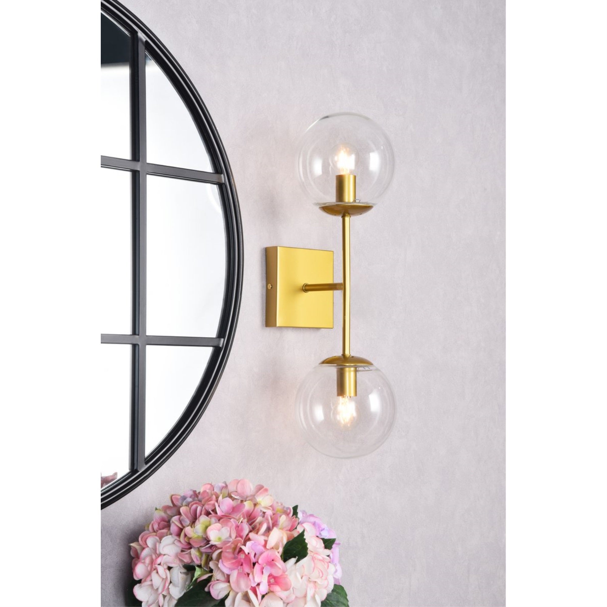 Neri 2 lights brass and clear glass wall sconce