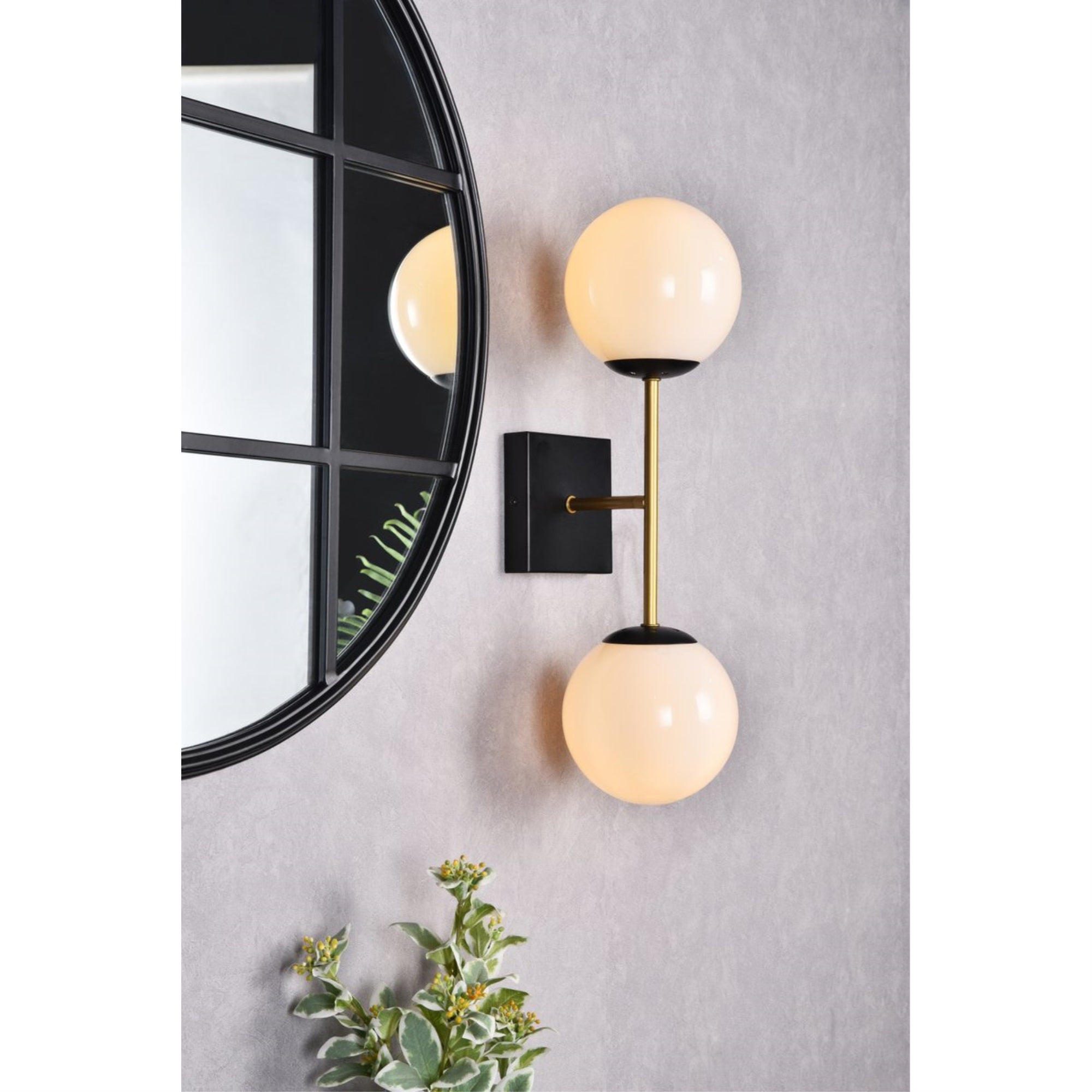 Neri 2 lights black and brass and white glass wall sconce
