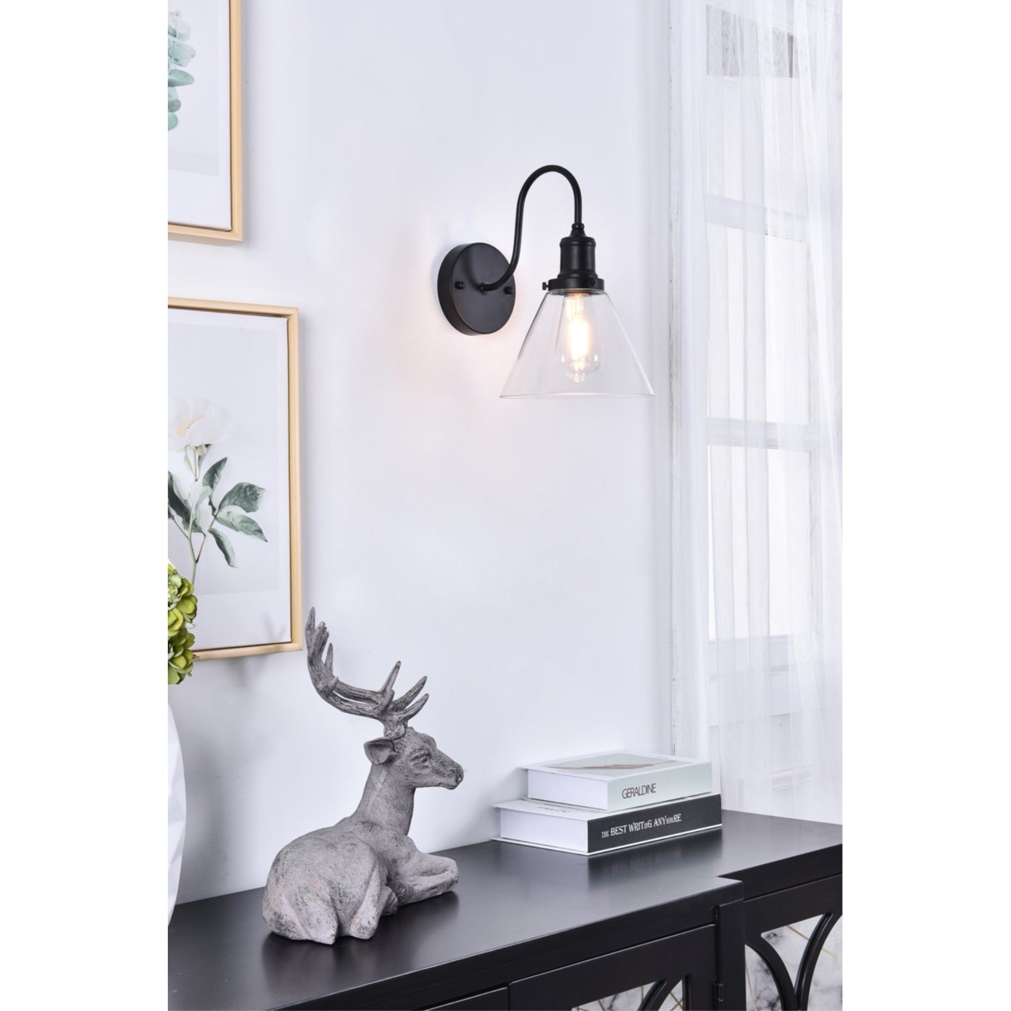 Living District Histoire 1-Light Wall Sconce, Metal, Black and Clear, Model LD4017W7BK