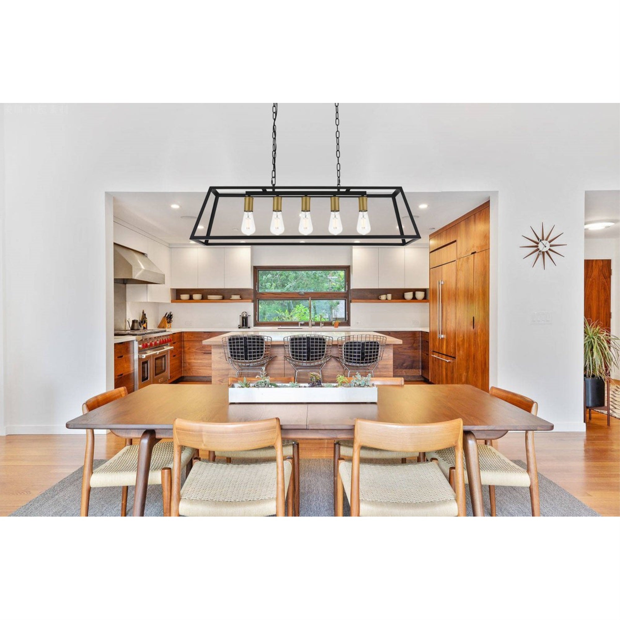 Living District 5-Light Mid-Century Pendant Light, Metal, Brass and Black, Model LD4061D38BRB