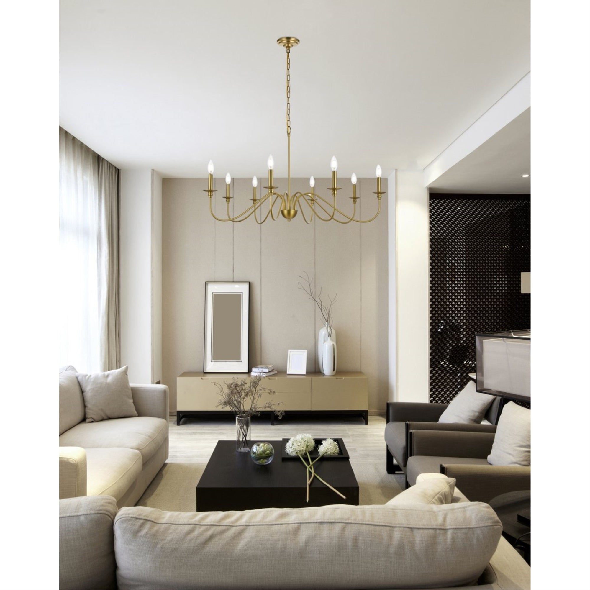 Living District 42in 8-Light Metal Chandelier, Satin Gold, Model LD5006D42SG, Transitional Design
