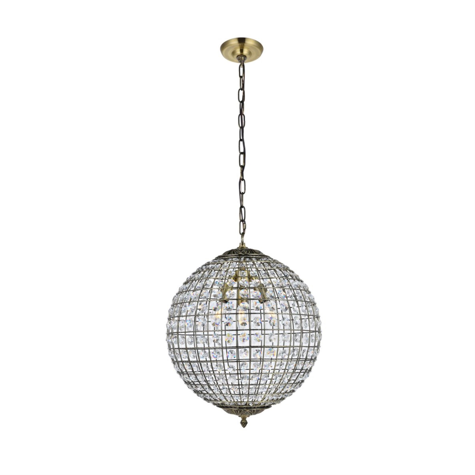 Elegant Lighting Earlene 3-Light Pendant, Iron and Crystal, Antique Bronze, Model LD5026