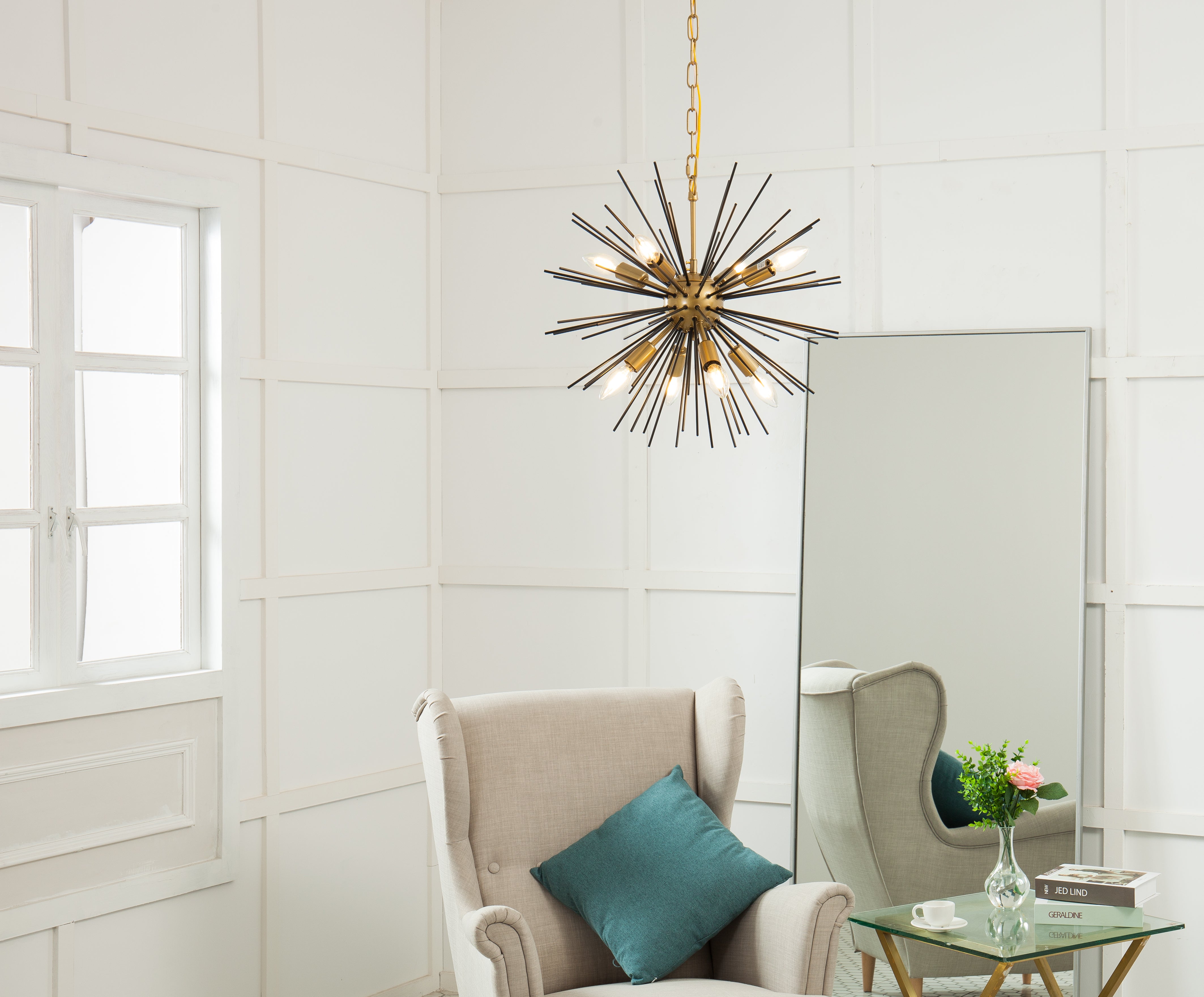 Living District 8-Light Mid-Century Metal Pendant, Brass and Black, Model LD5035D20BK, Iron Material