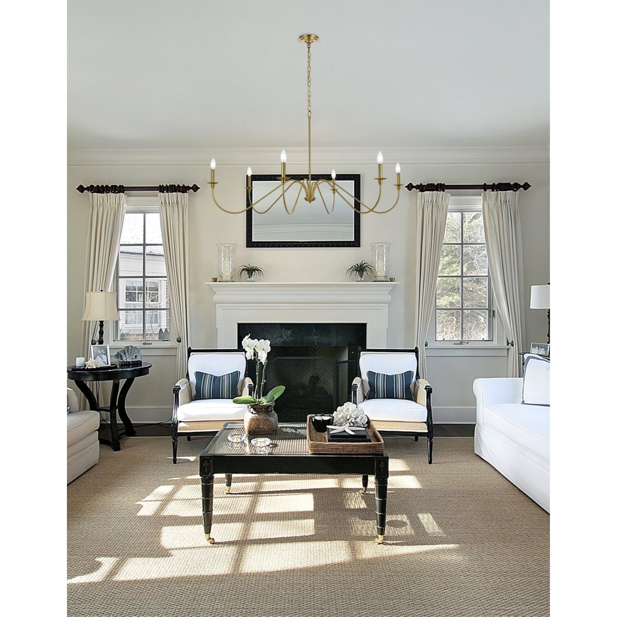 Living District 54in 6-Light Chandelier, Transitional Metal Design, Satin Gold Finish, Model LD5056D54SG
