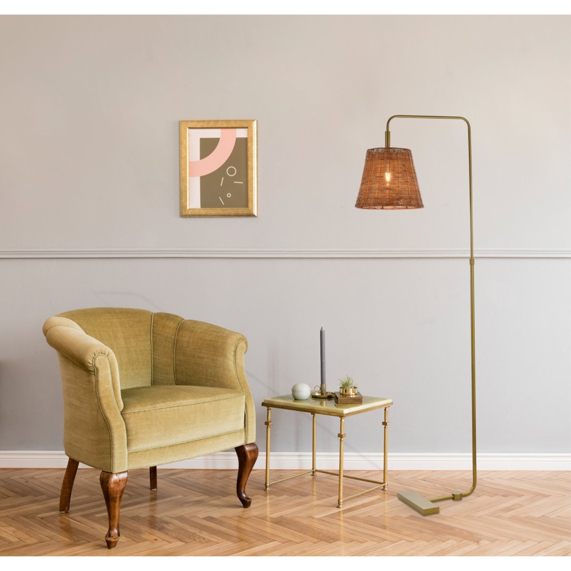 Flos rattan bell shade floor lamp in brass