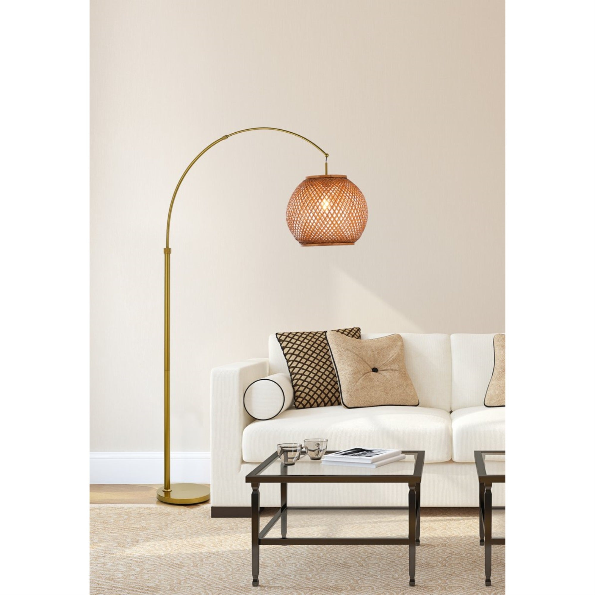 Flos rattan round shade floor lamp in brass