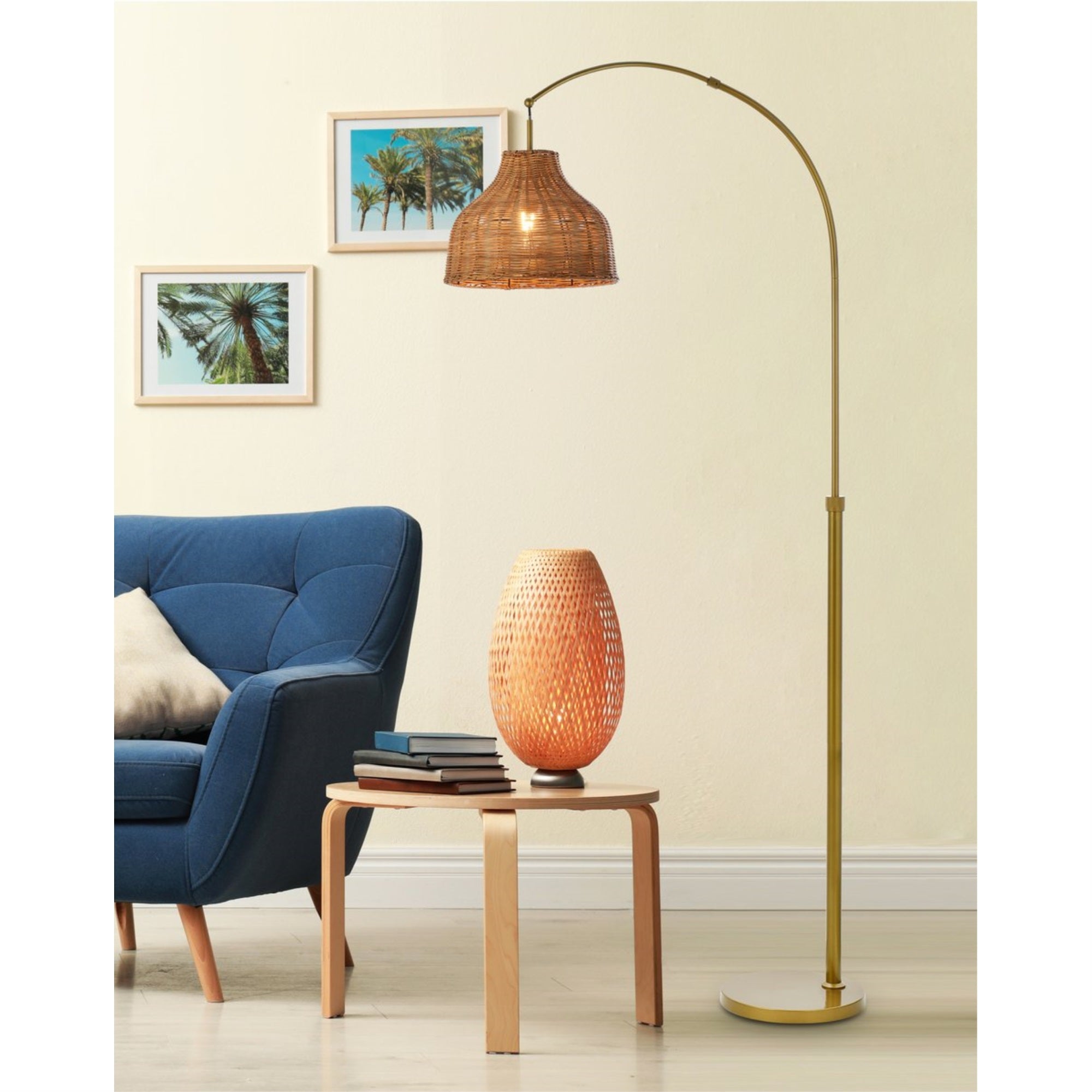 Flos rattan dome shade floor lamp in brass