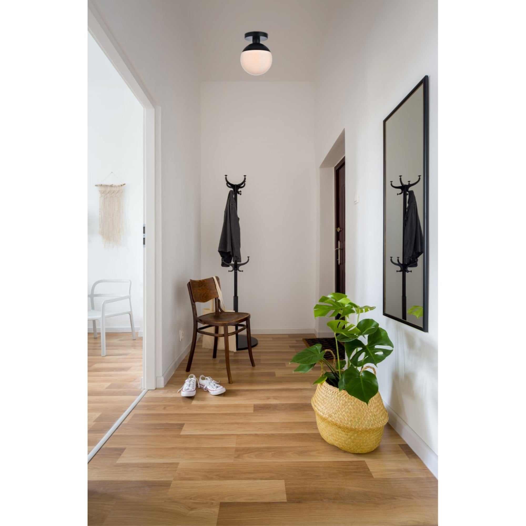 Living District Eclipse Flush Mount Light, 1-Light, Metal & Glass, Black/Frosted White, Model LD6050BK