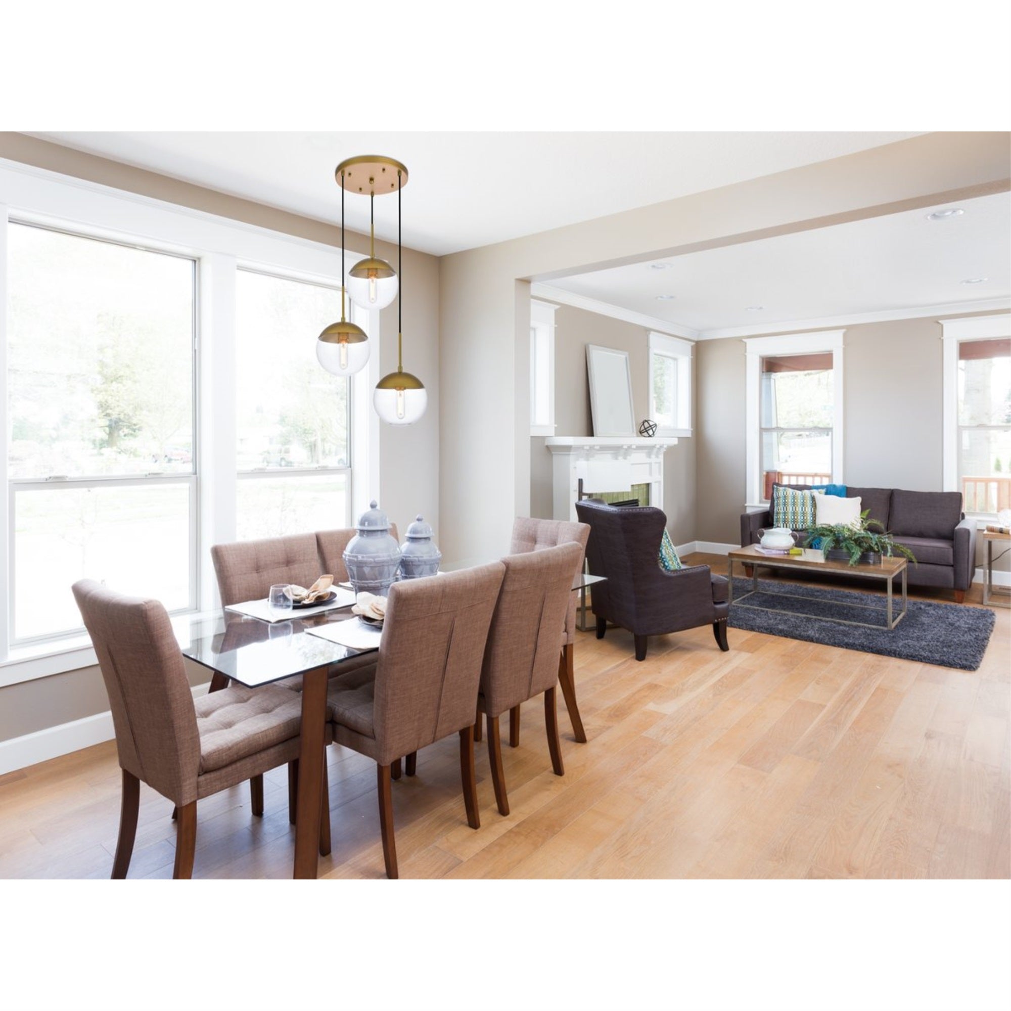 Elegant Lighting Brass Pendant Light - Living District Eclipse 3 Lights, Clear Glass, Model LD6073BR