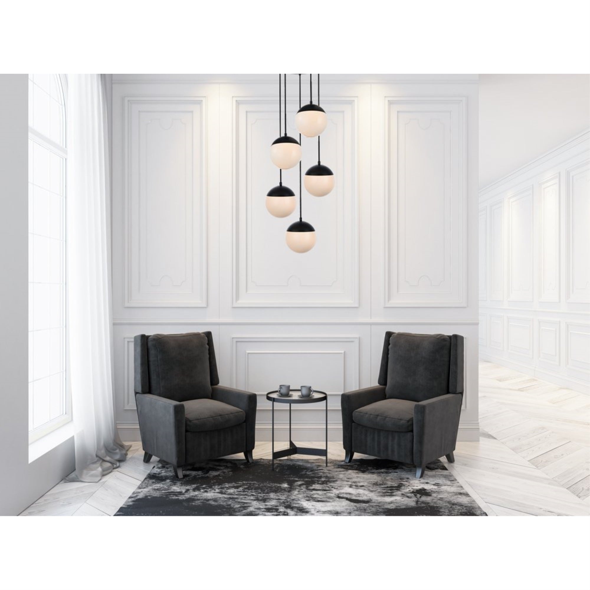 Elegant Lighting 5-Light Pendant, Metal & Glass, Black/Frosted White, Model LD6074BK