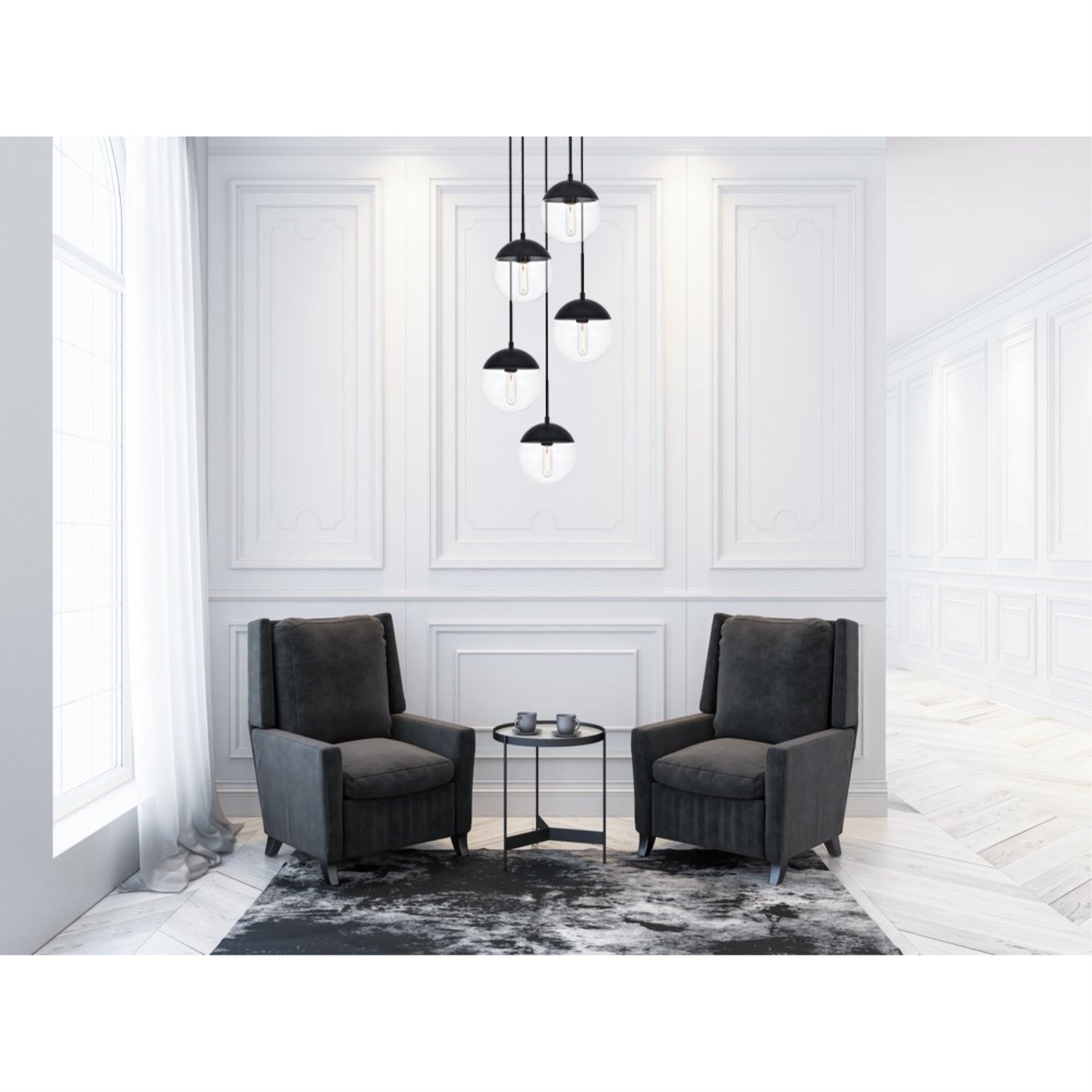 Living District 5-Light Pendant Light, Metal & Glass, Black/Clear, Model LD6075BK