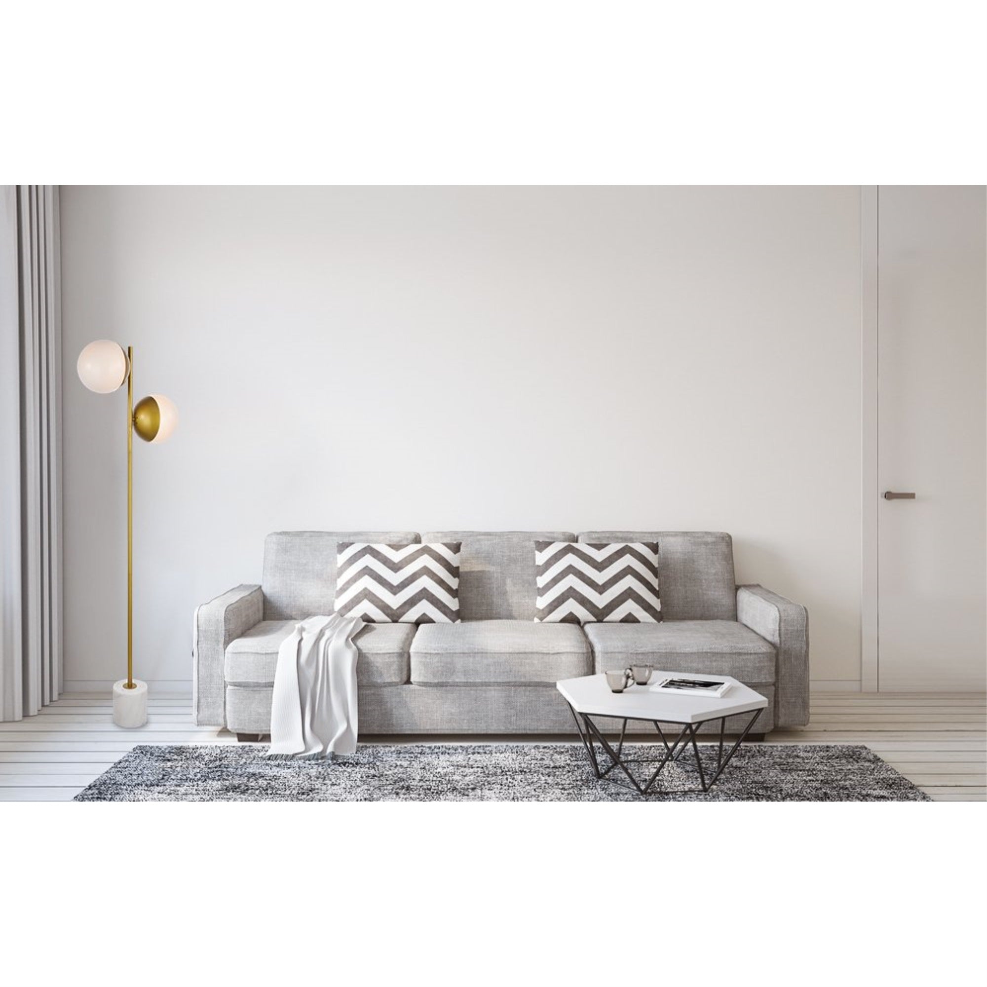 Elegant Lighting Brass Floor Lamp, 2 Lights, Frosted White Glass, Model LD6114BR