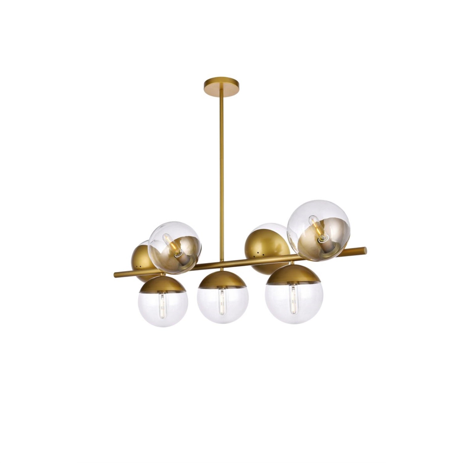 Elegant Lighting Living District Eclipse Pendant, 7 Lights, Brass Metal, Model LD6139BR, Clear Glass